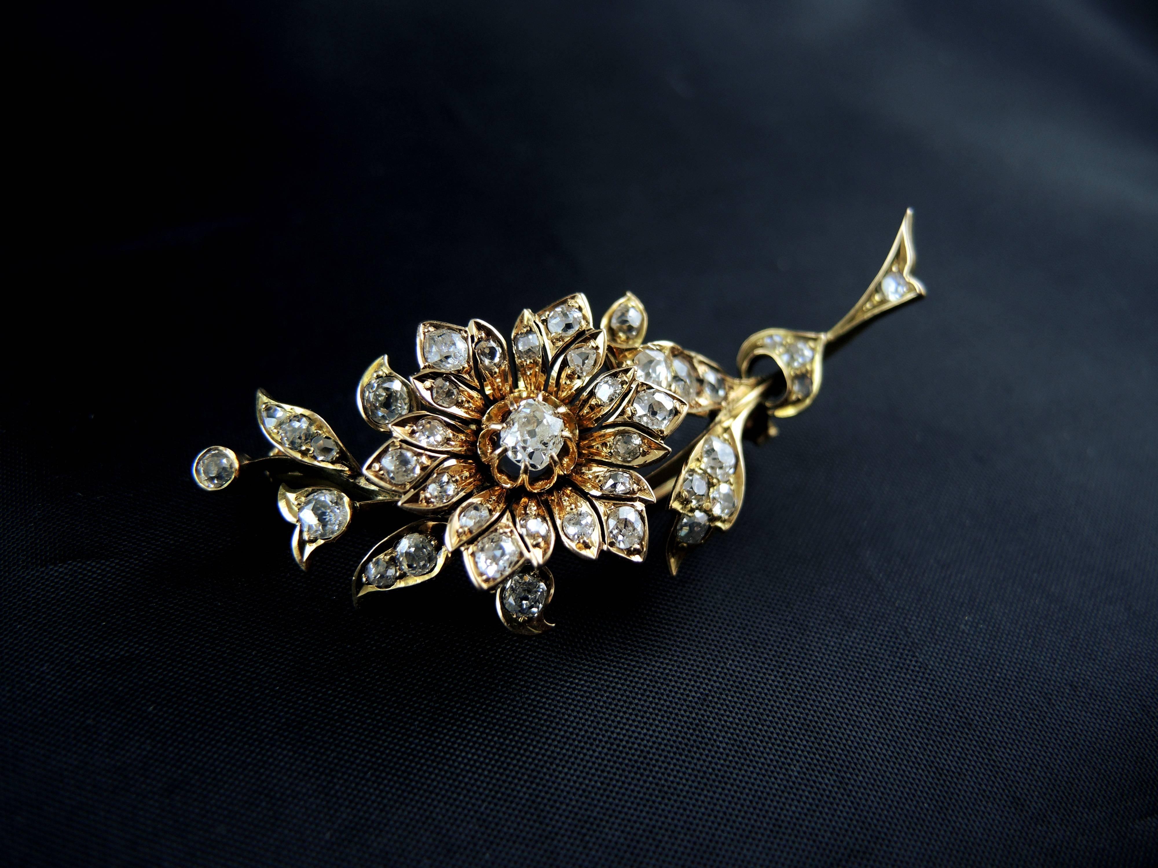 Old Mine Cut Napoleon III Era Flower Brooch Set With Diamonds 2.40 Carat For Sale
