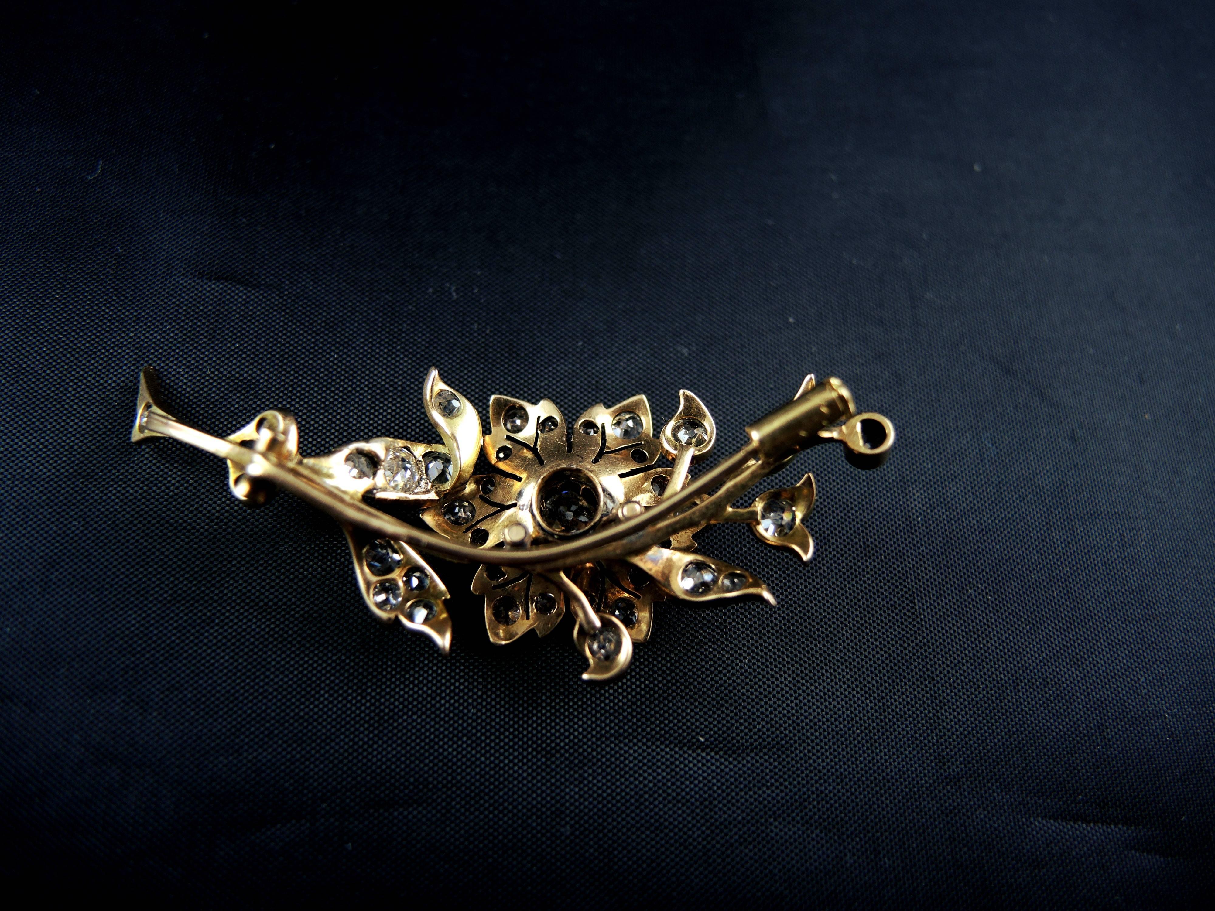 Women's or Men's Napoleon III Era Flower Brooch Set With Diamonds 2.40 Carat For Sale
