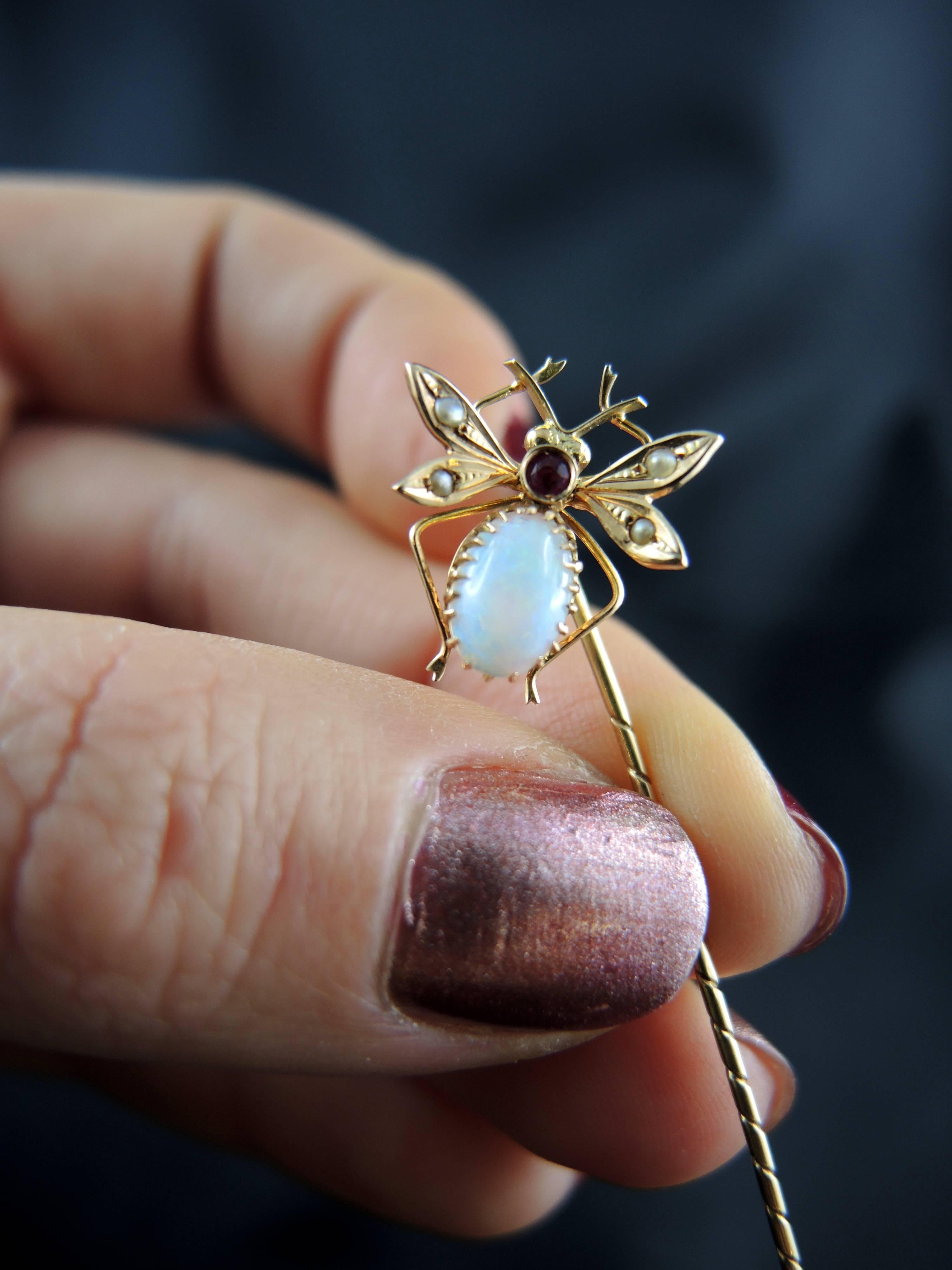 Women's or Men's Antique Insect Pin Set with an Opal