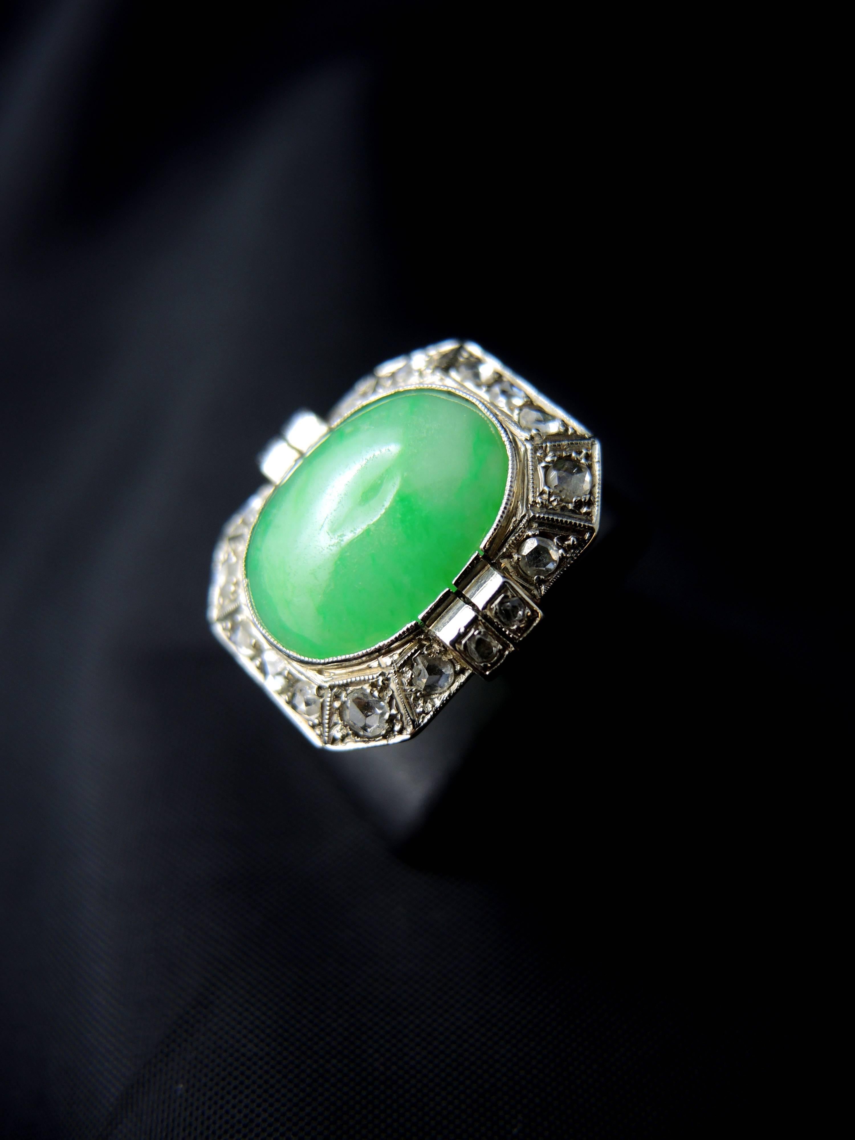 Women's Art Deco French Diamonds and Imperial Jade Ring, circa 1930