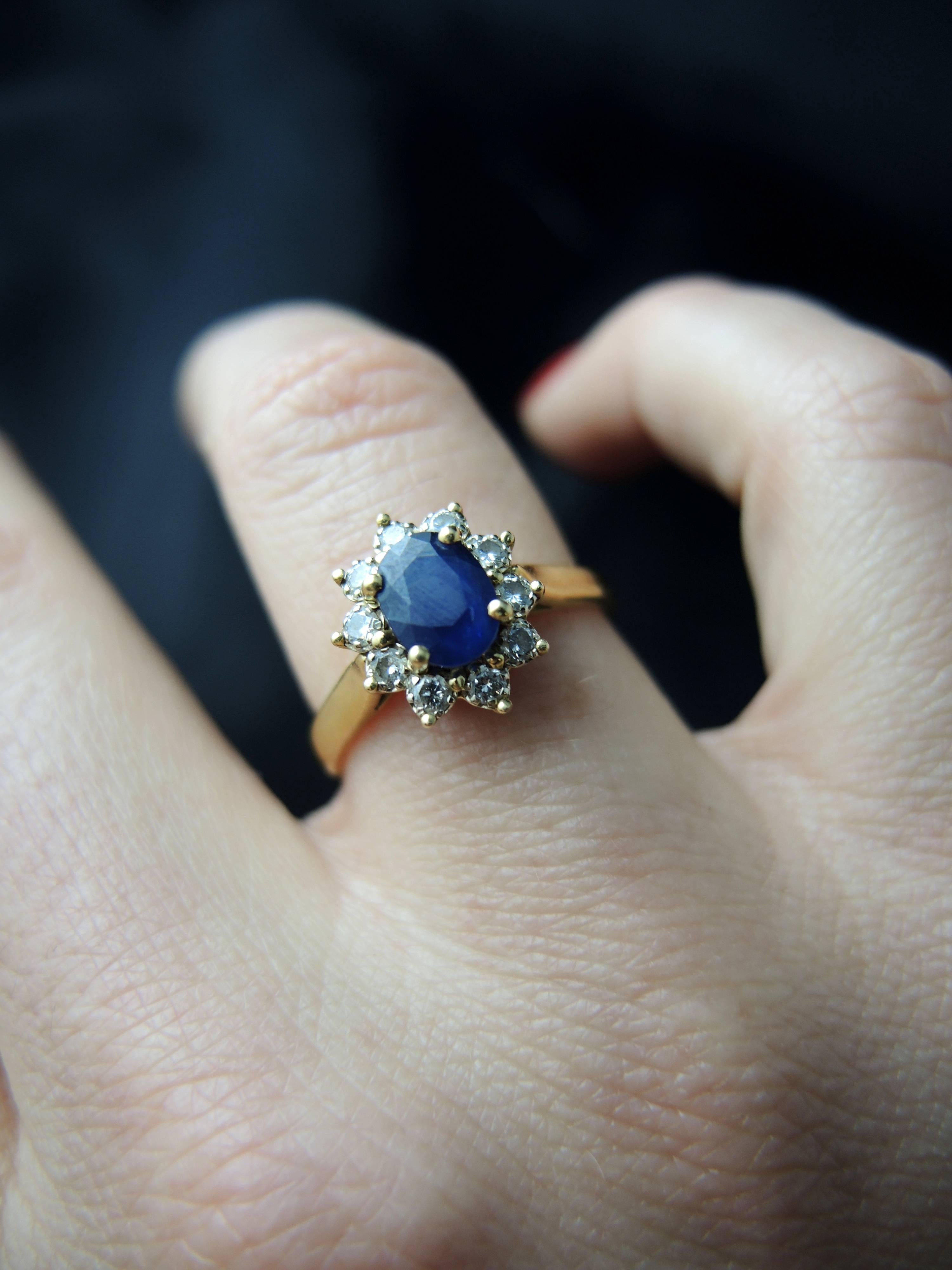 French Vintage Gold Cluster Ring with a Sapphire Surrounded by Diamonds 2