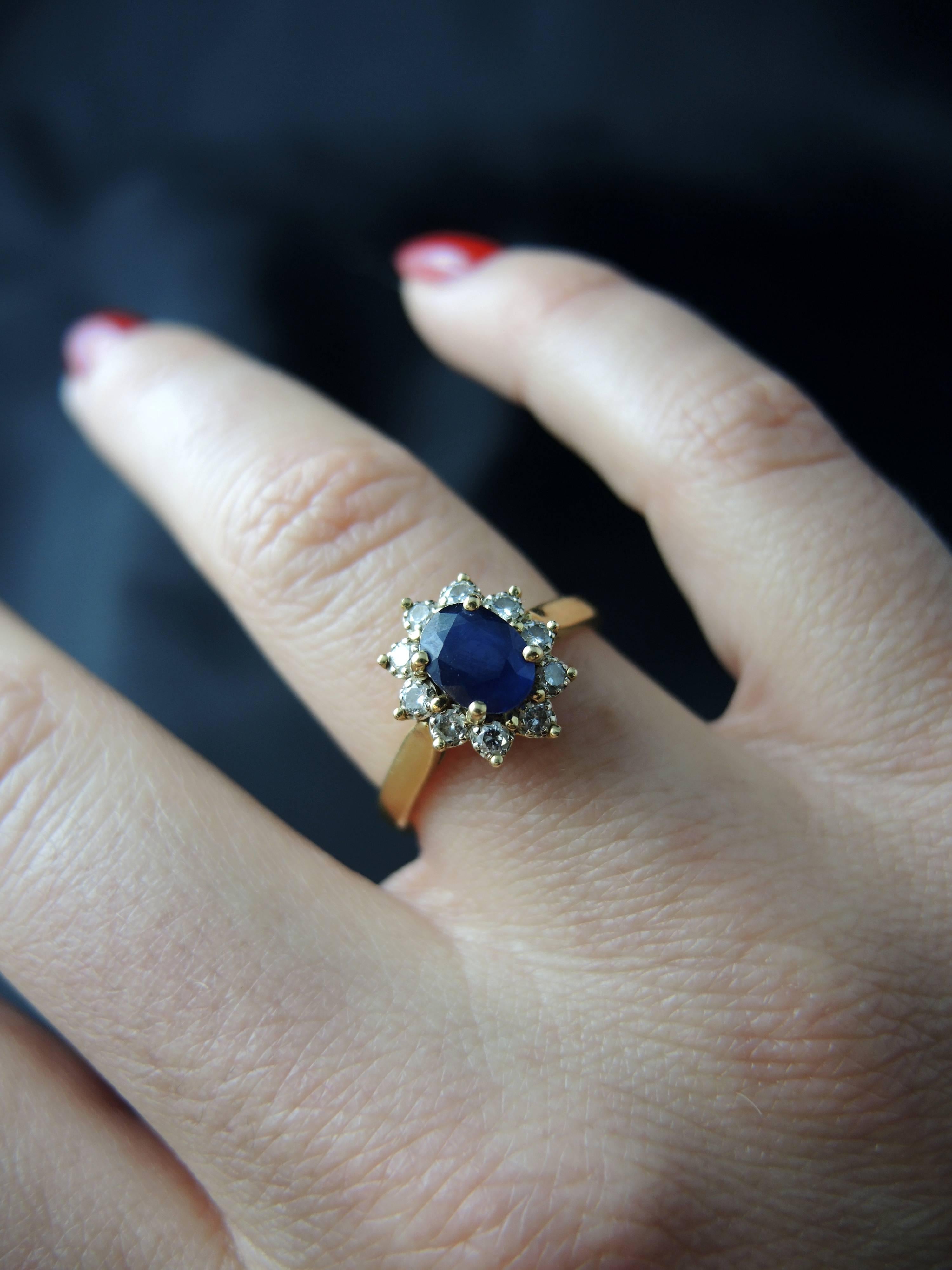 French Vintage Gold Cluster Ring with a Sapphire Surrounded by Diamonds 1
