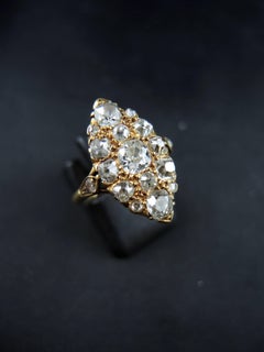 Antique Gold Navette Ring with Old Cut Diamonds, 19th Century