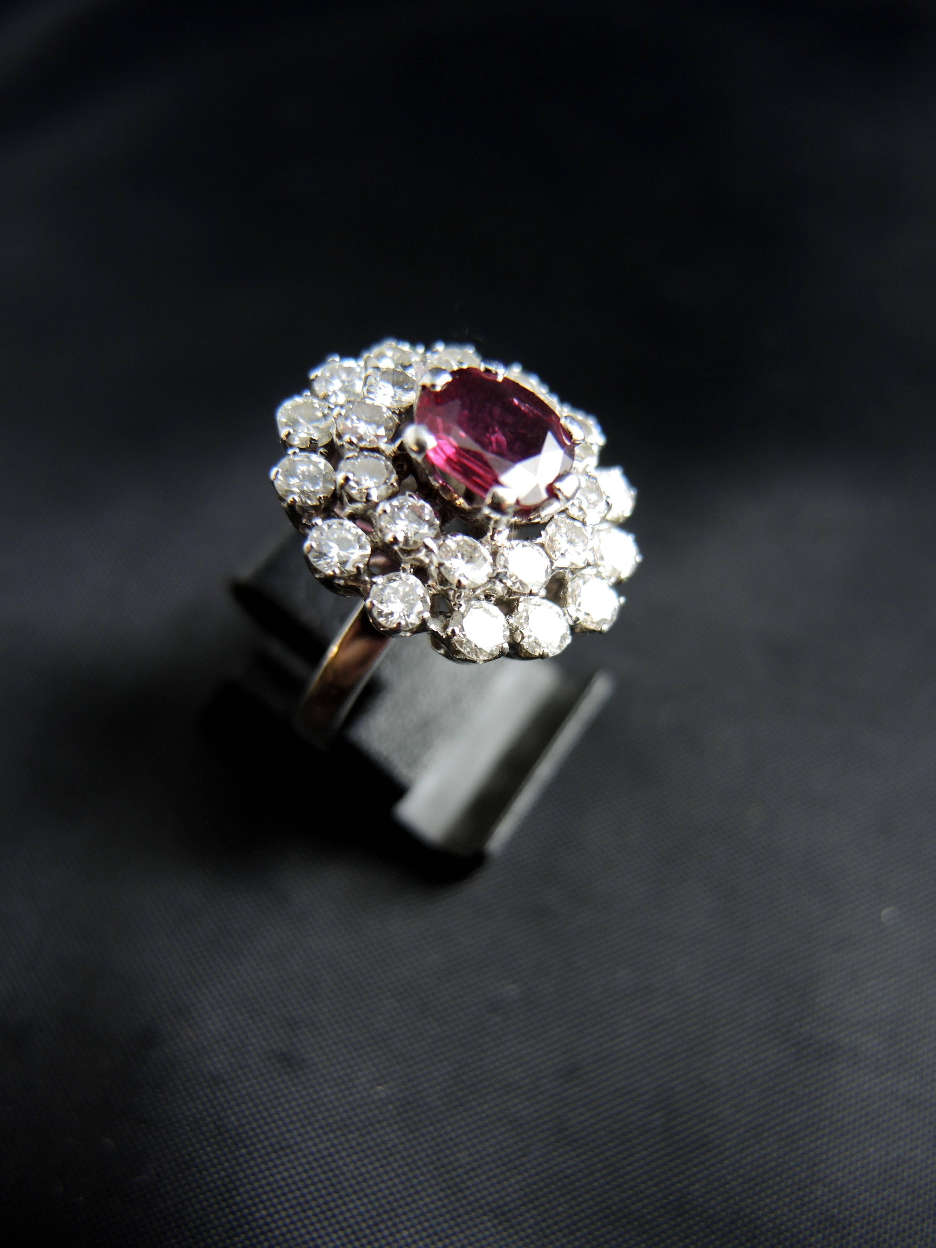 Modern Ruby Diamond White Gold Cluster Ring  For Sale