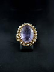 Antique Signet Ring with Amethyst and Natural Pearls, 19th Century