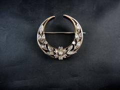 Antique Crescent Moon Brooch with Diamonds, Gold and Silver, Napoléon III