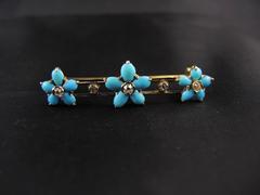 19th Century Antique Turquoise Diamond Flowers Gold Pin Brooch