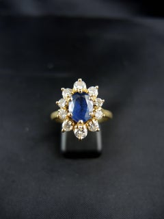 French Gold Engagement Cluster Ring with Sapphire and Diamonds, circa 1980