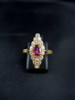 French Gold Navette Ring with Ruby and Diamonds, circa 1980