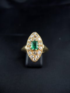 French Emerald Diamond Gold Navette Ring