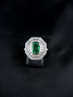 French Emerald Diamond Engagement Cluster Ring