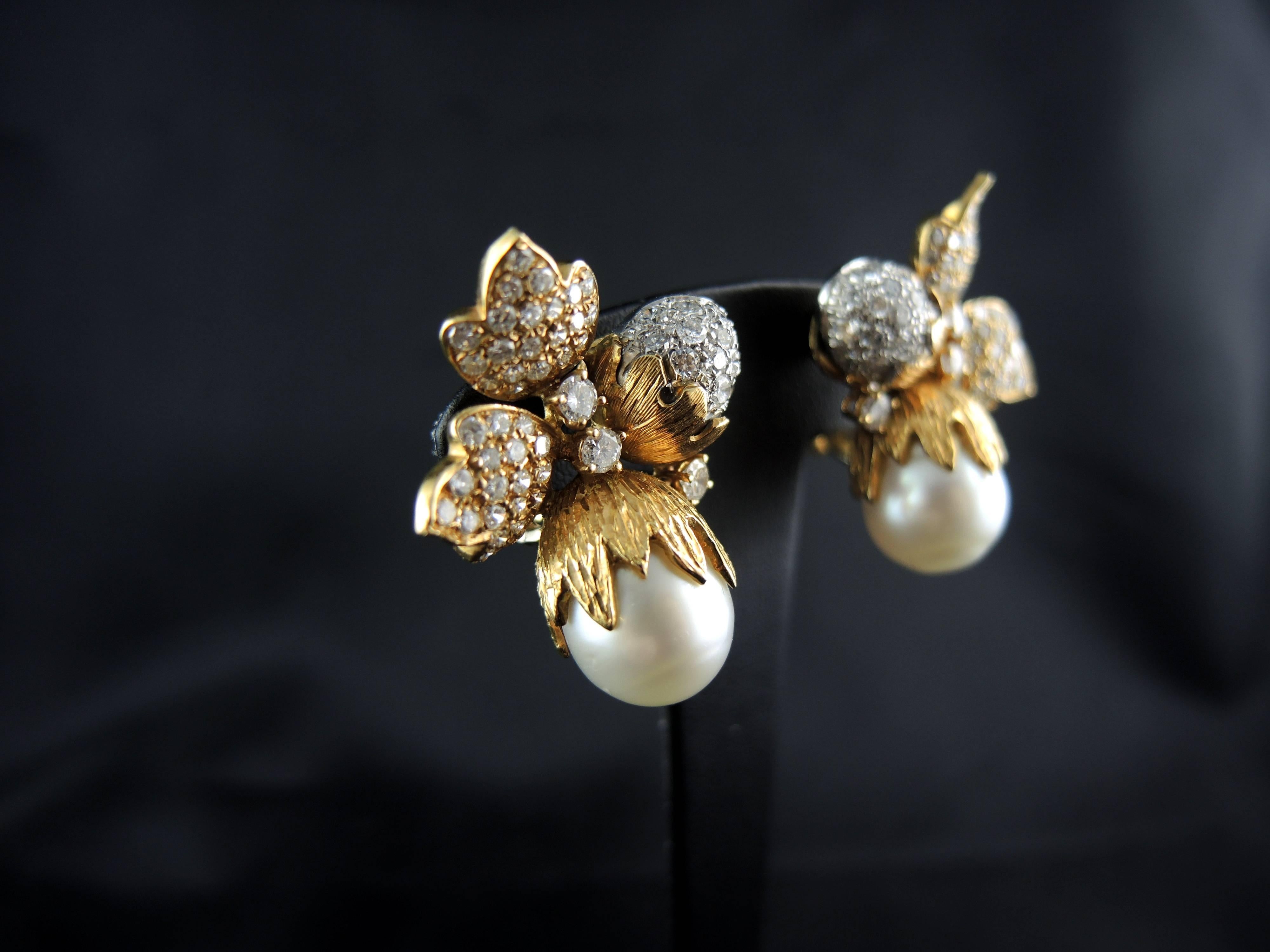 Round Cut Hazelnuts' Acorns and Leaves Earrings Set with Diamonds and South Sea Pearls