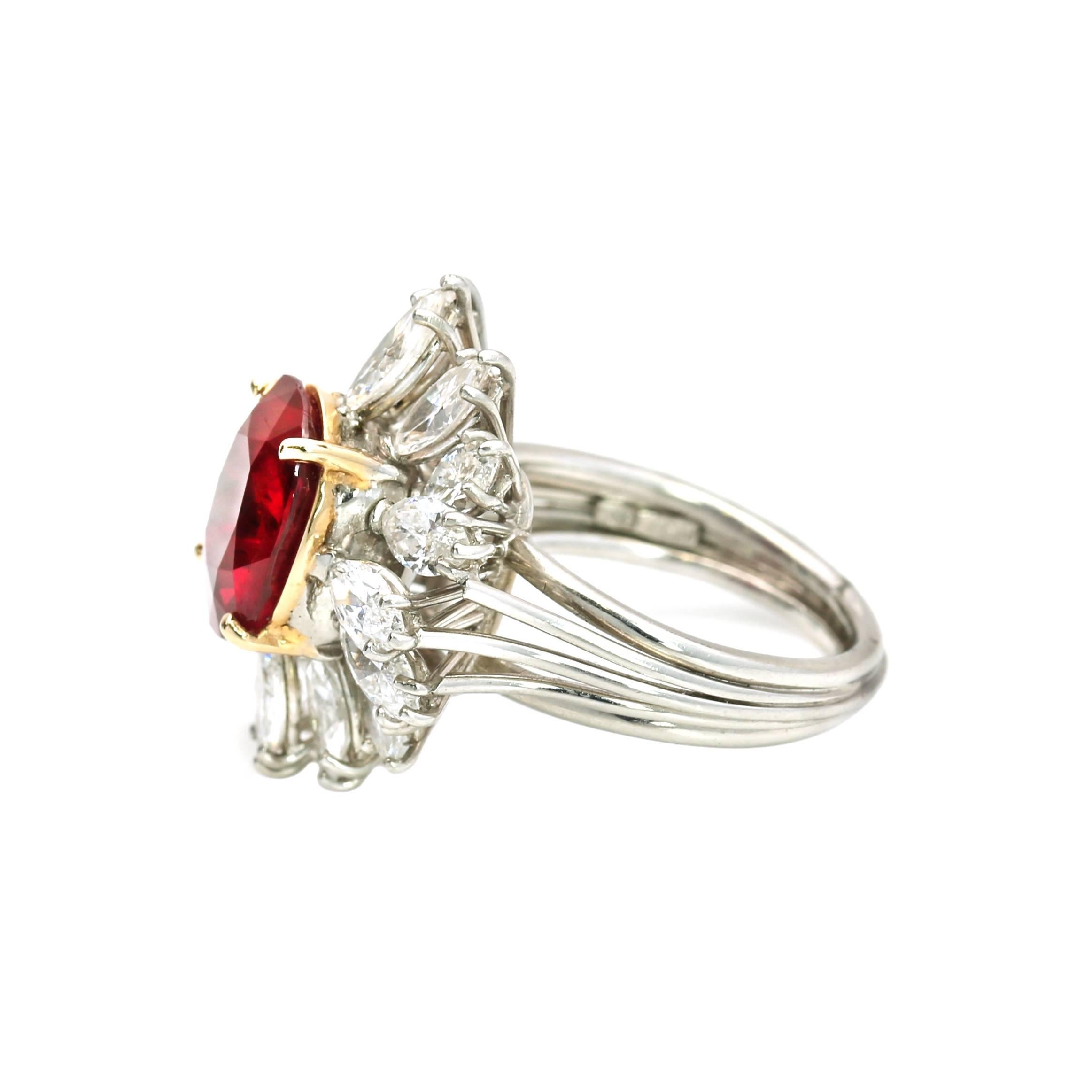This Magnificent AGL Certified 5.15 Ct Cushion Cut Natural Ruby is set with 16 Diamonds Weighing 4.25 Cts, This Ring is set in Platinum.
AGL Certificate CS 60959
Metal Weight 12.40 grams