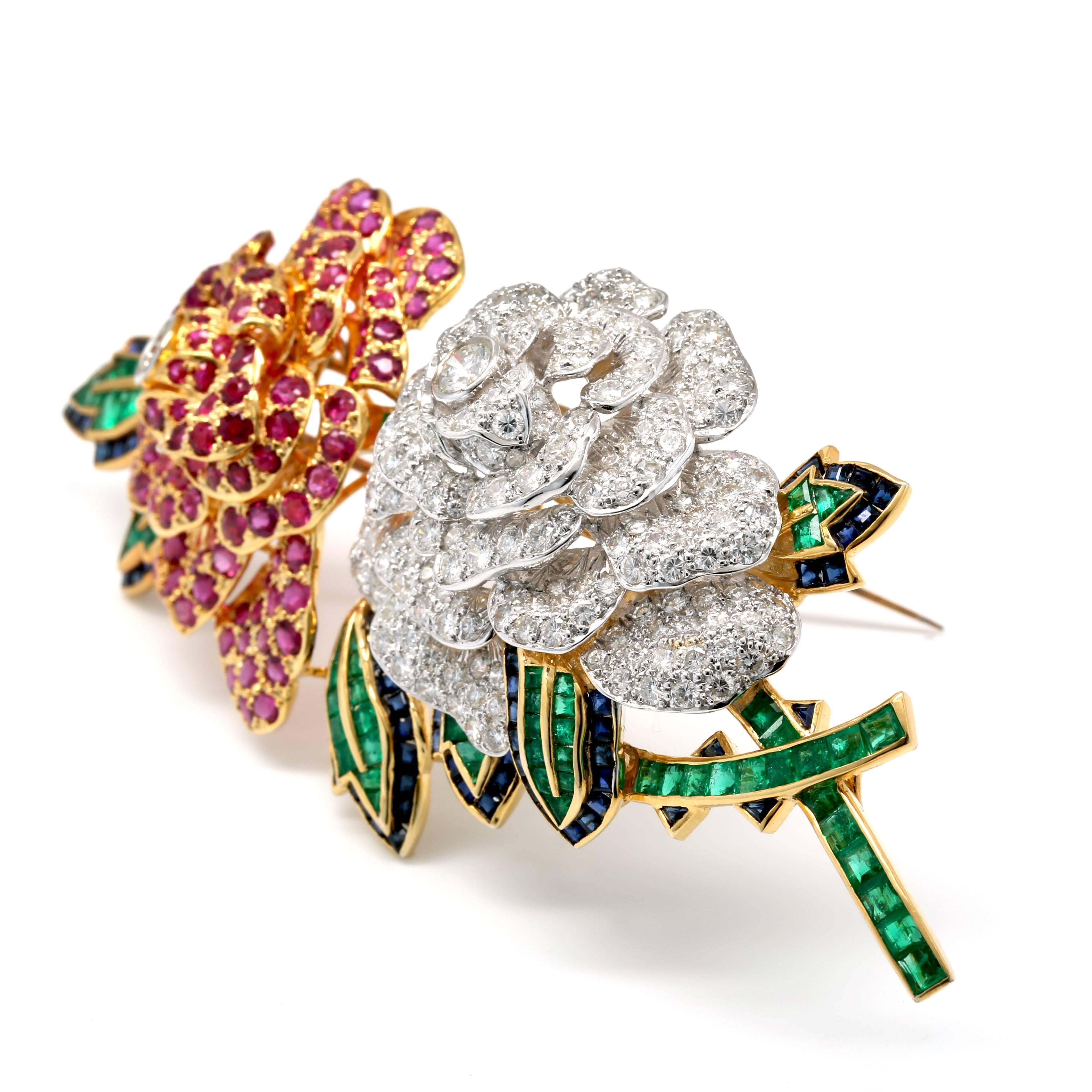 This Magnificent Brooch is set in 18K Yellow Gold with 220 Diamonds Weighing 8.50 Cts and 20.00 Cts of Rubies, Emeralds and Sapphires.
Metal Weight 51.00 grams.