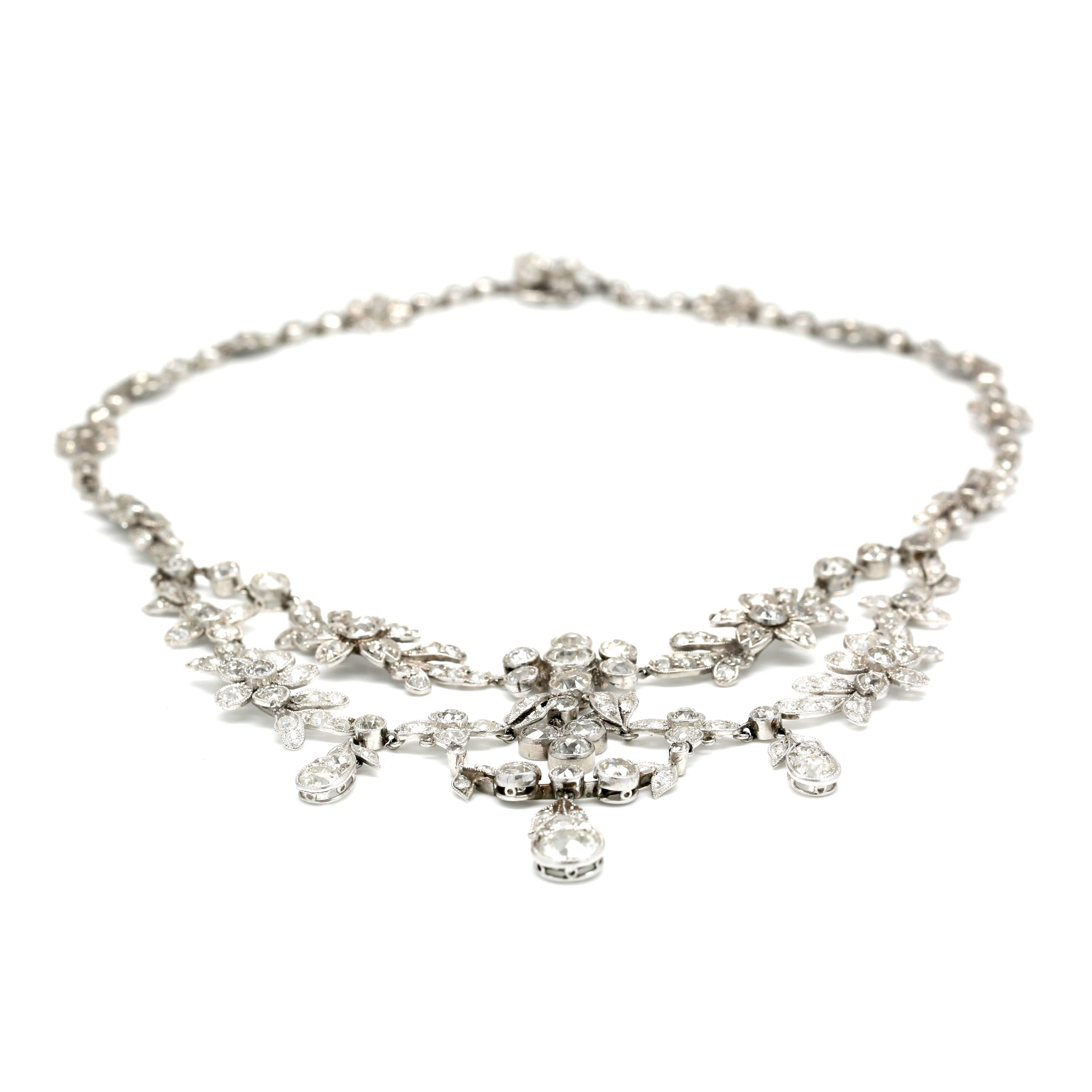 Spectacular Art Deco Necklace Featuring 30.00 Carats of Beautiful European Cut Diamonds E-G Color VS1-SI1 Clarity.