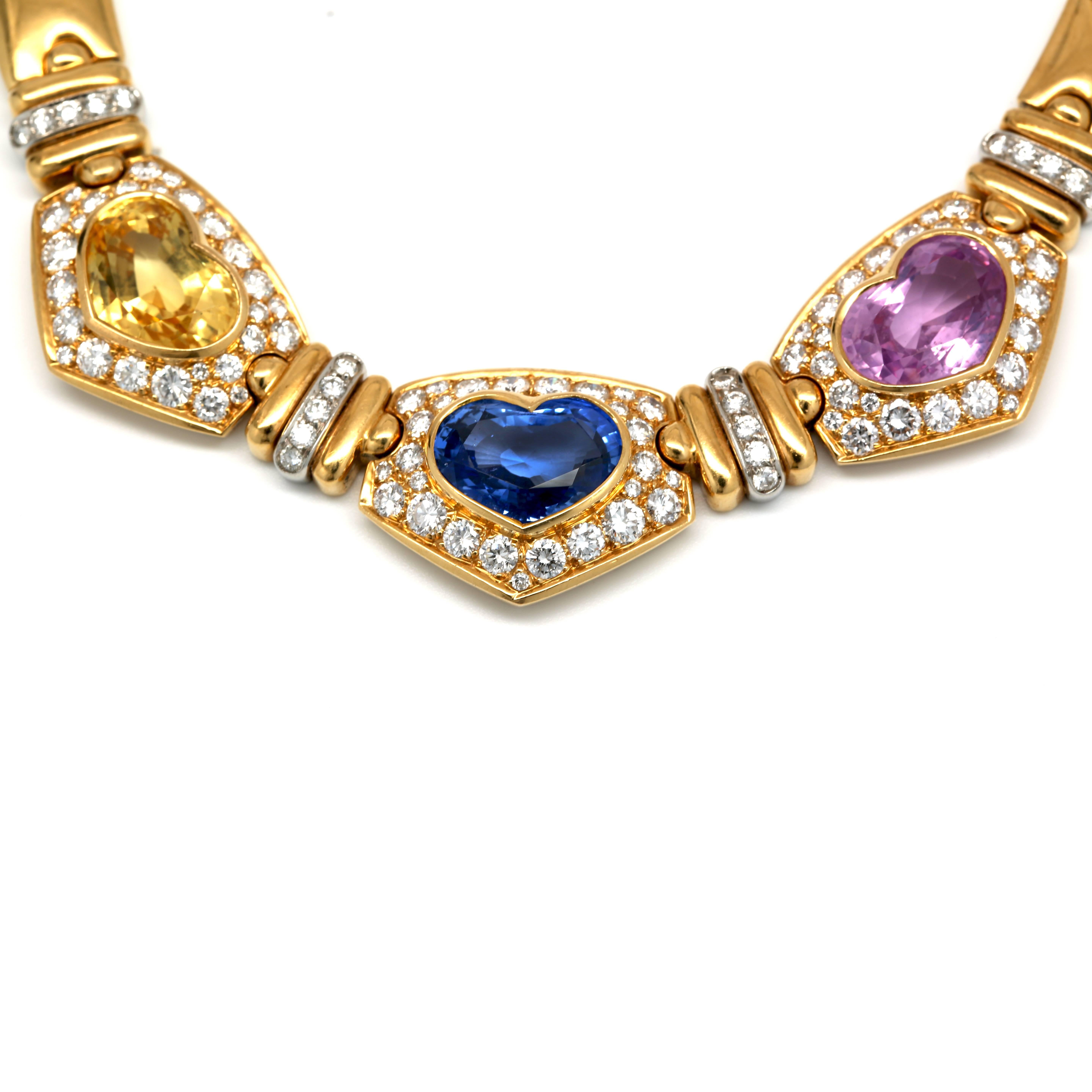 1980's Necklace set with Approx. 6.00 Carats of Collection Quality Diamonds D-E Color VVS-VS Clarity. Featuring 3 Natural Color Sapphires Approx. 28.00 cts Set in 18K Yellow Gold.