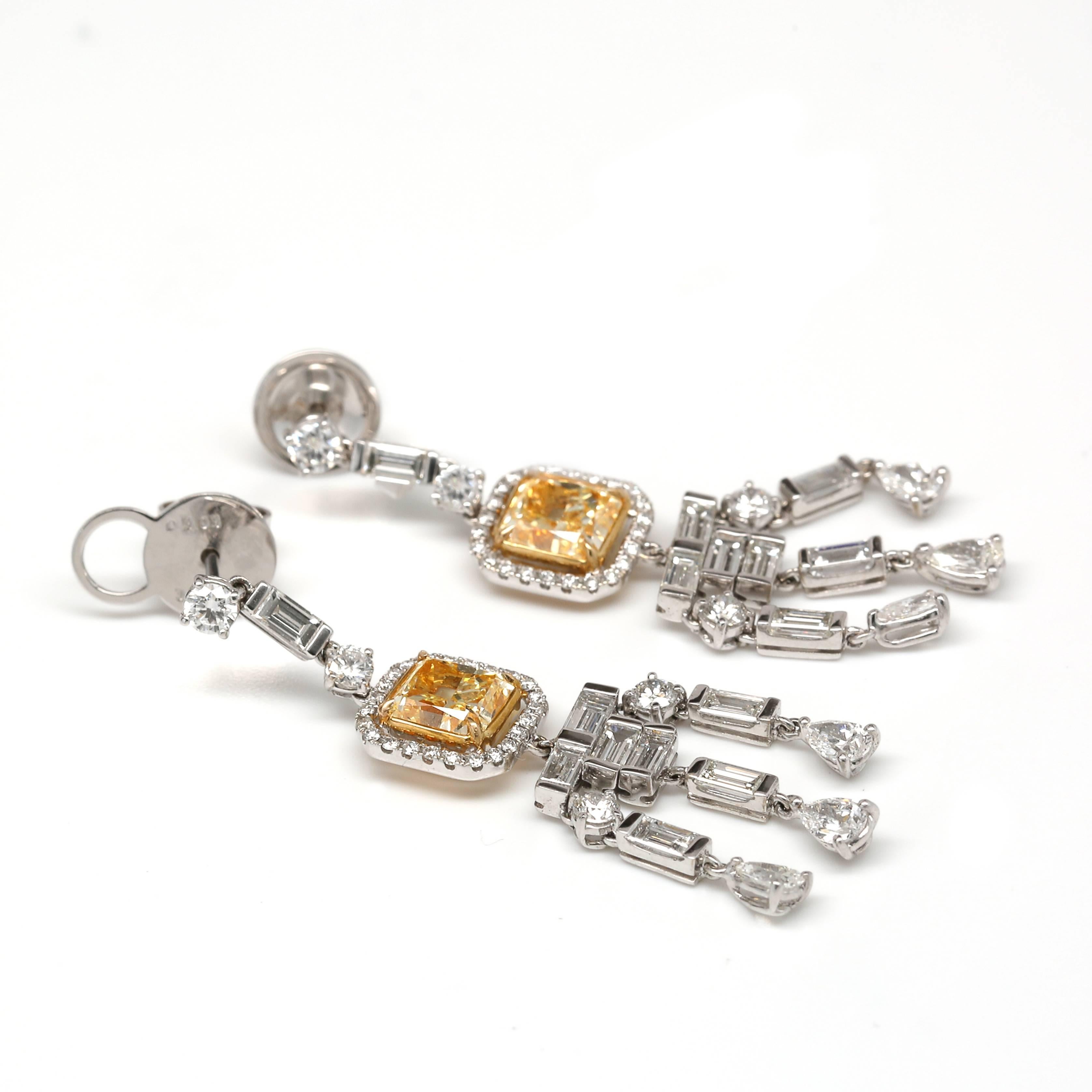 Fancy Yellow Diamond Gold Platinum Earrings In New Condition For Sale In Aventura, FL