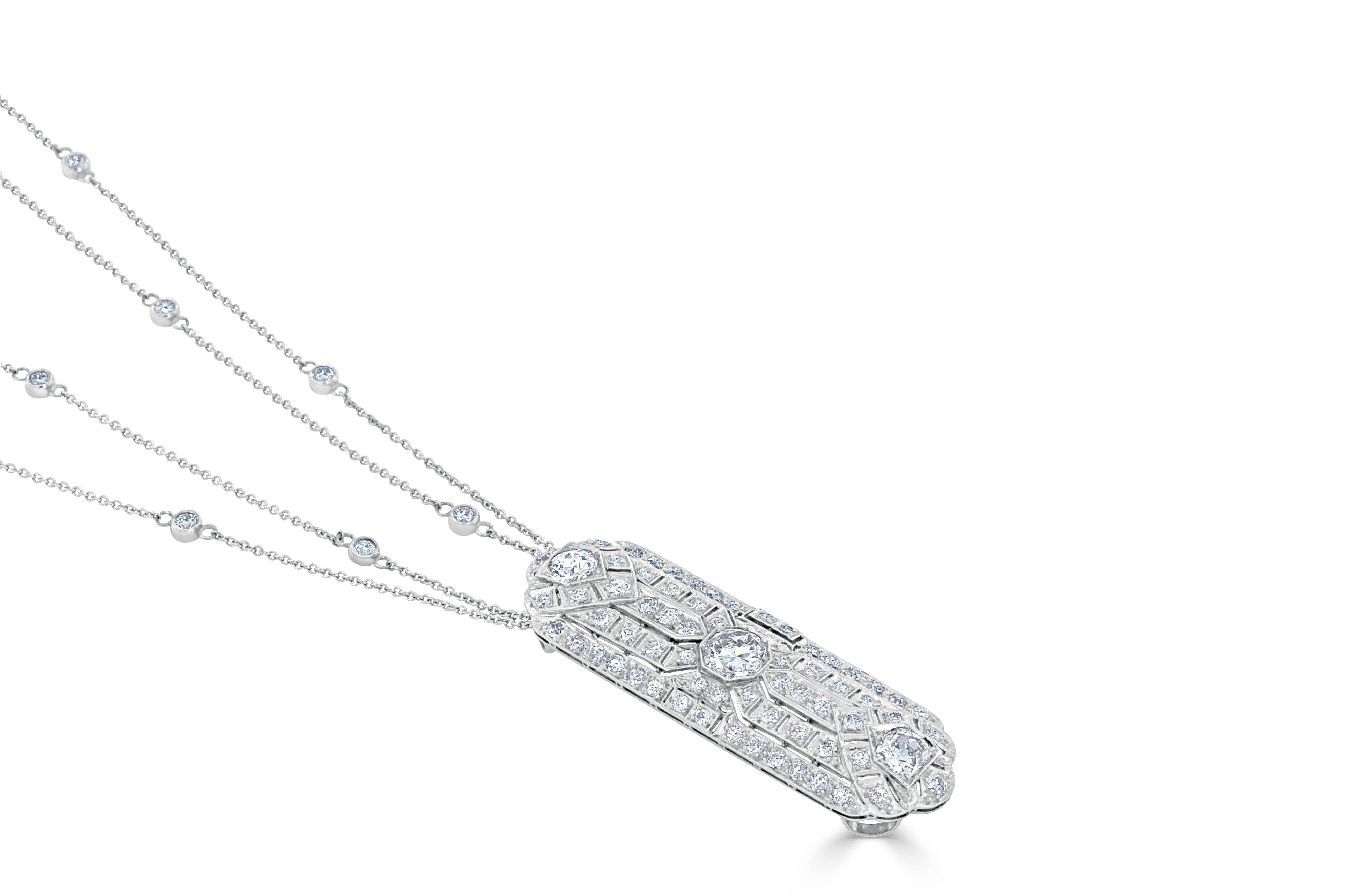 This stunning diamond pendant from the 1930’s features 69- Old European cut diamonds weighing 3.51 carats total, set in platinum. This rarefied piece also offers versatility, able to be worn vertically or horizontally. The pendant is on a new