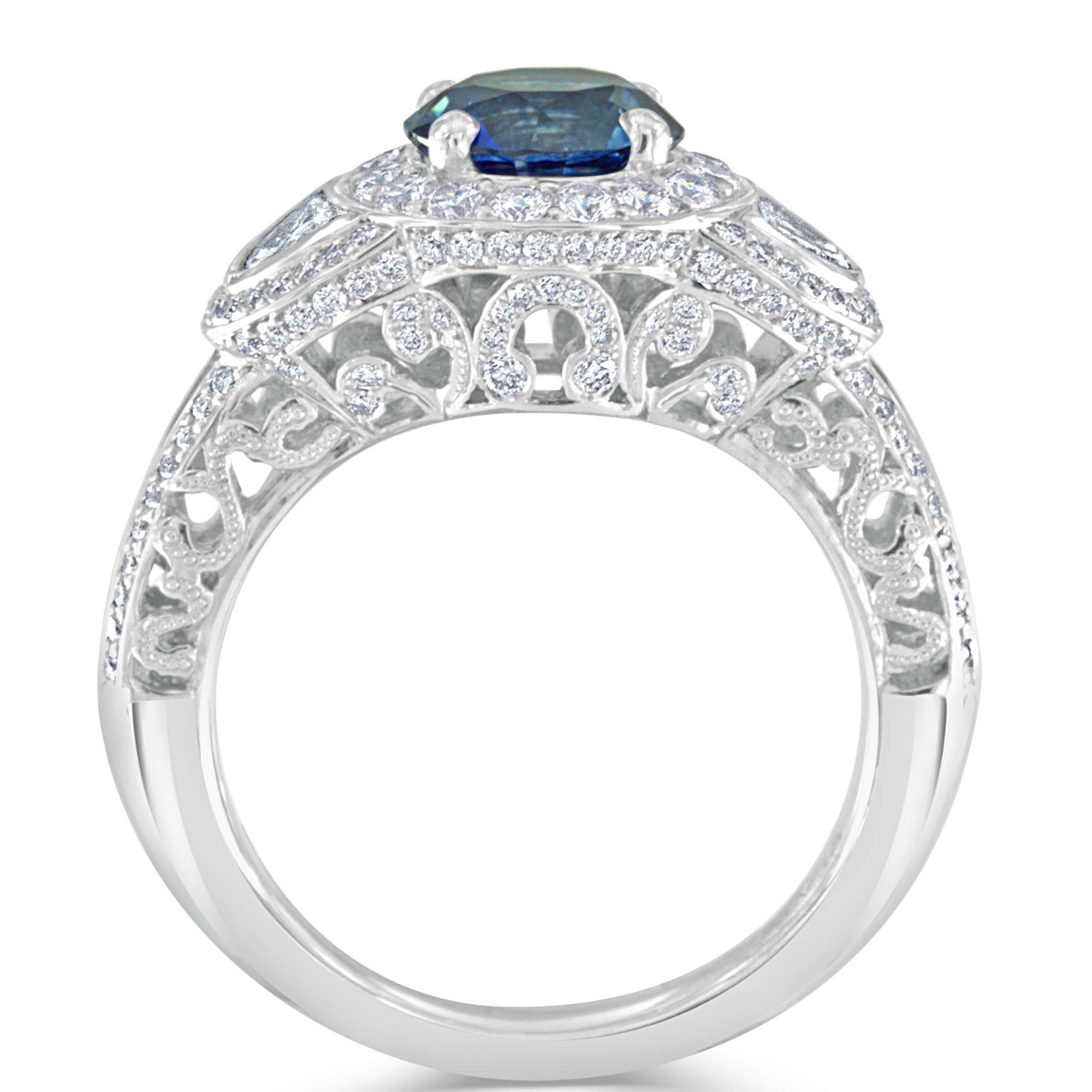 Modern 1.74 Carat Sapphire and Half Moon Diamond Platinum Ring For Sale