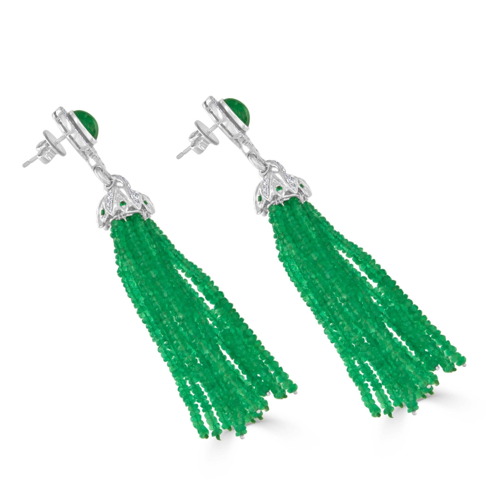 Modern 64.38 Carat Emerald and Diamond White Gold Tassel Earrings For Sale