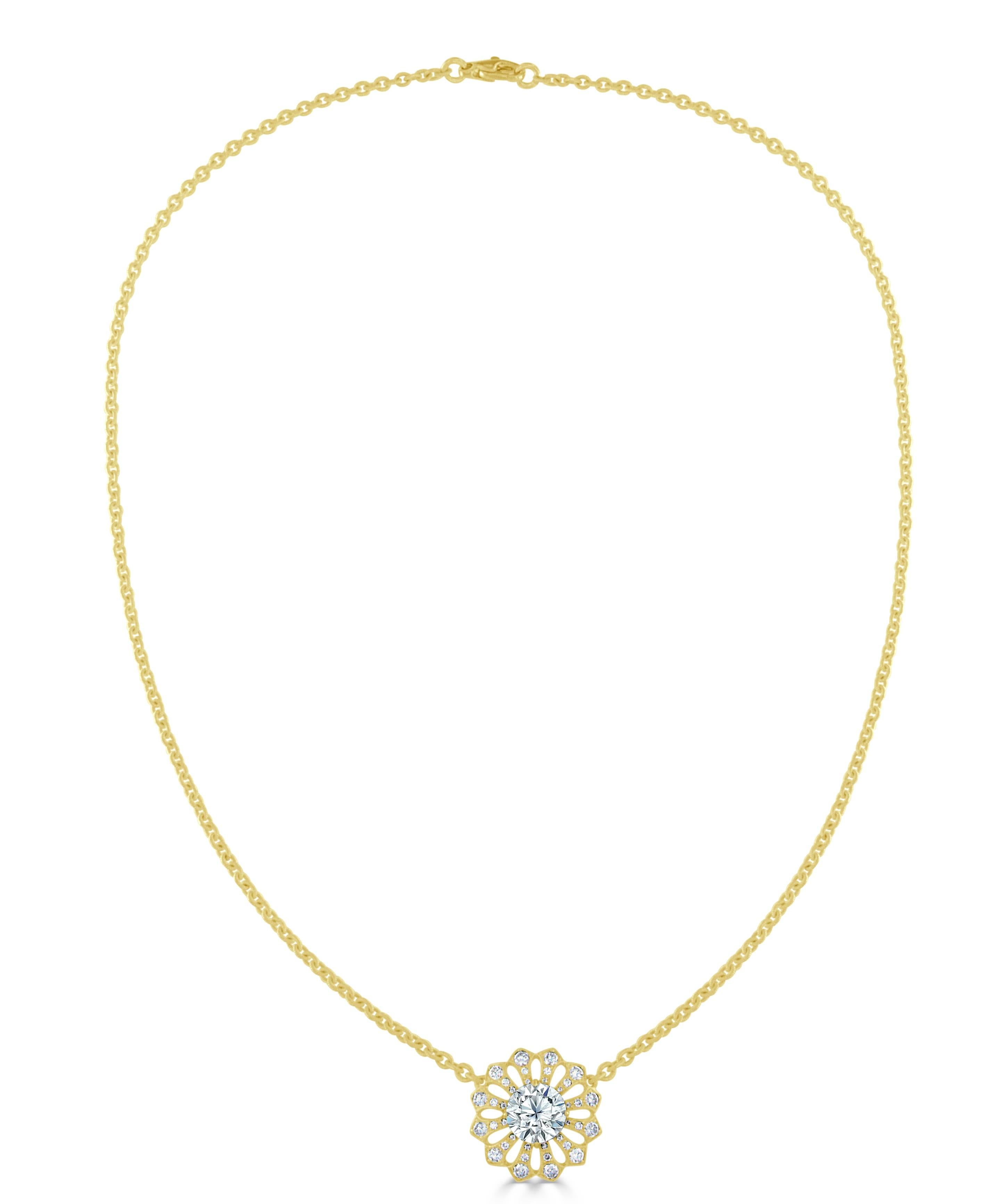 This delightful Bez Ambar designer diamond 18 karat yellow gold necklace has a beautiful floral motif resembling a sunflower. Featuring a delicately light brown GIA certified 2.40 carat round brilliant cut diamond, having very fine makes. The petals