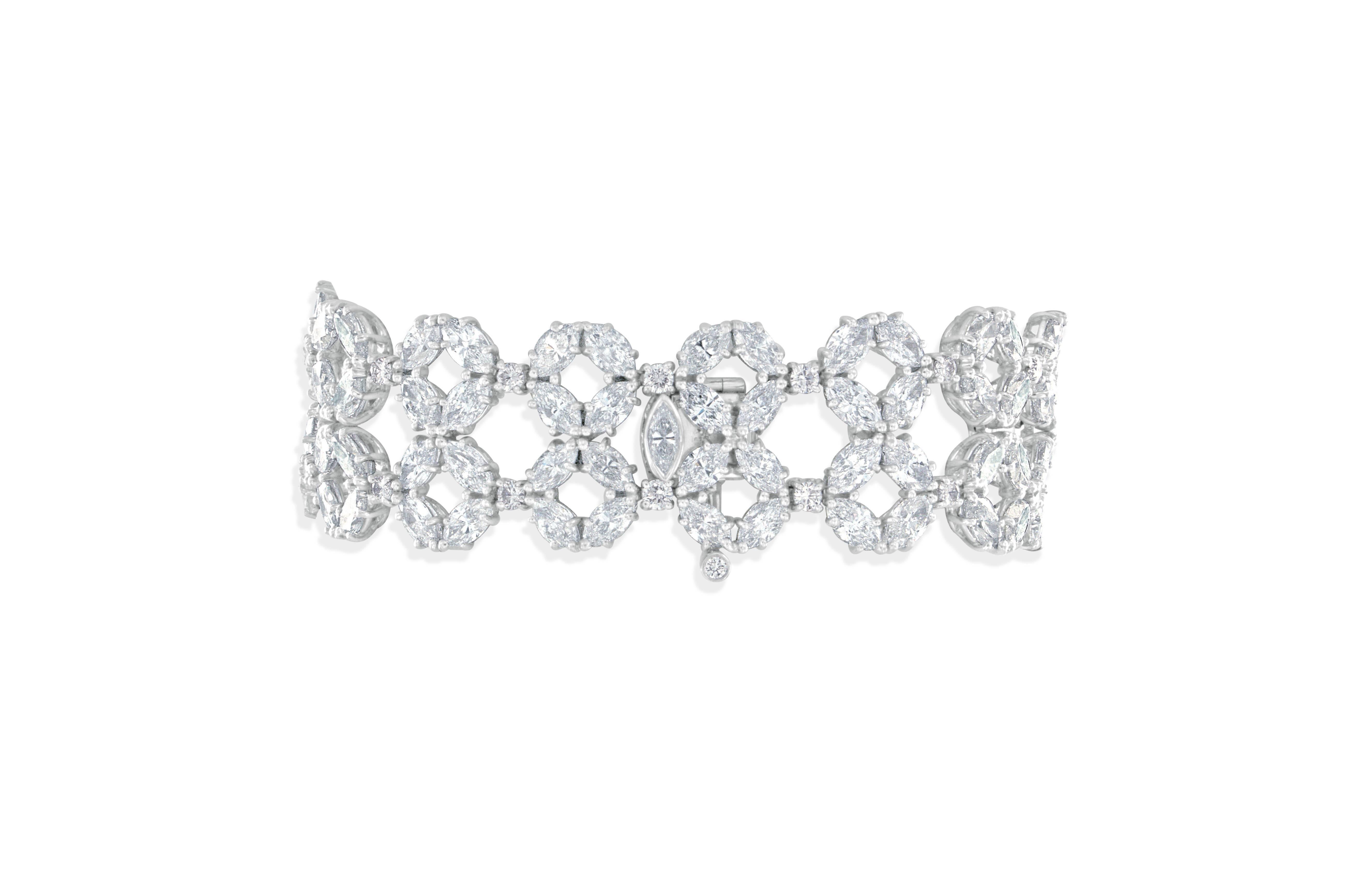 Marquise Cut 36.32 Carat Diamond Platinum Handmade Bracelet For Sale