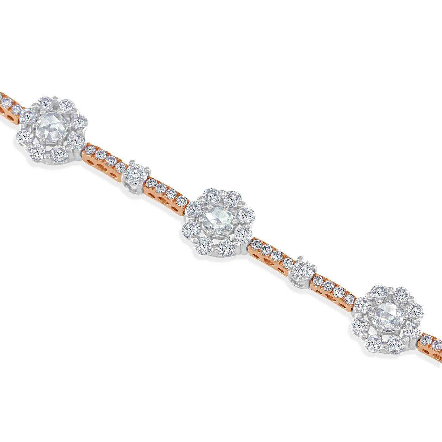 Modern 4.00 Carat Rose Cut Diamond and Pink Diamond Rose Gold Bracelet For Sale