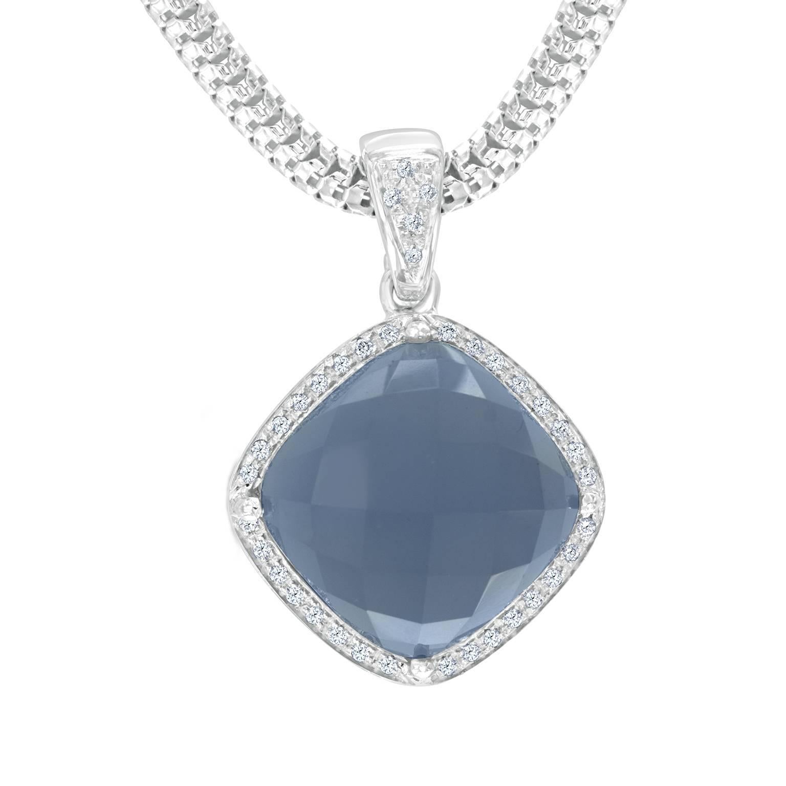 This Rina Limor designer necklace features a 16.0 x 16.0mm checkerboard faceted blue chalcedony set with 73- round brilliant cut diamonds weighing 0.50 carats total. With an 18 karat white gold 18 inch chain measuring 3.30mm wide. Pendant is