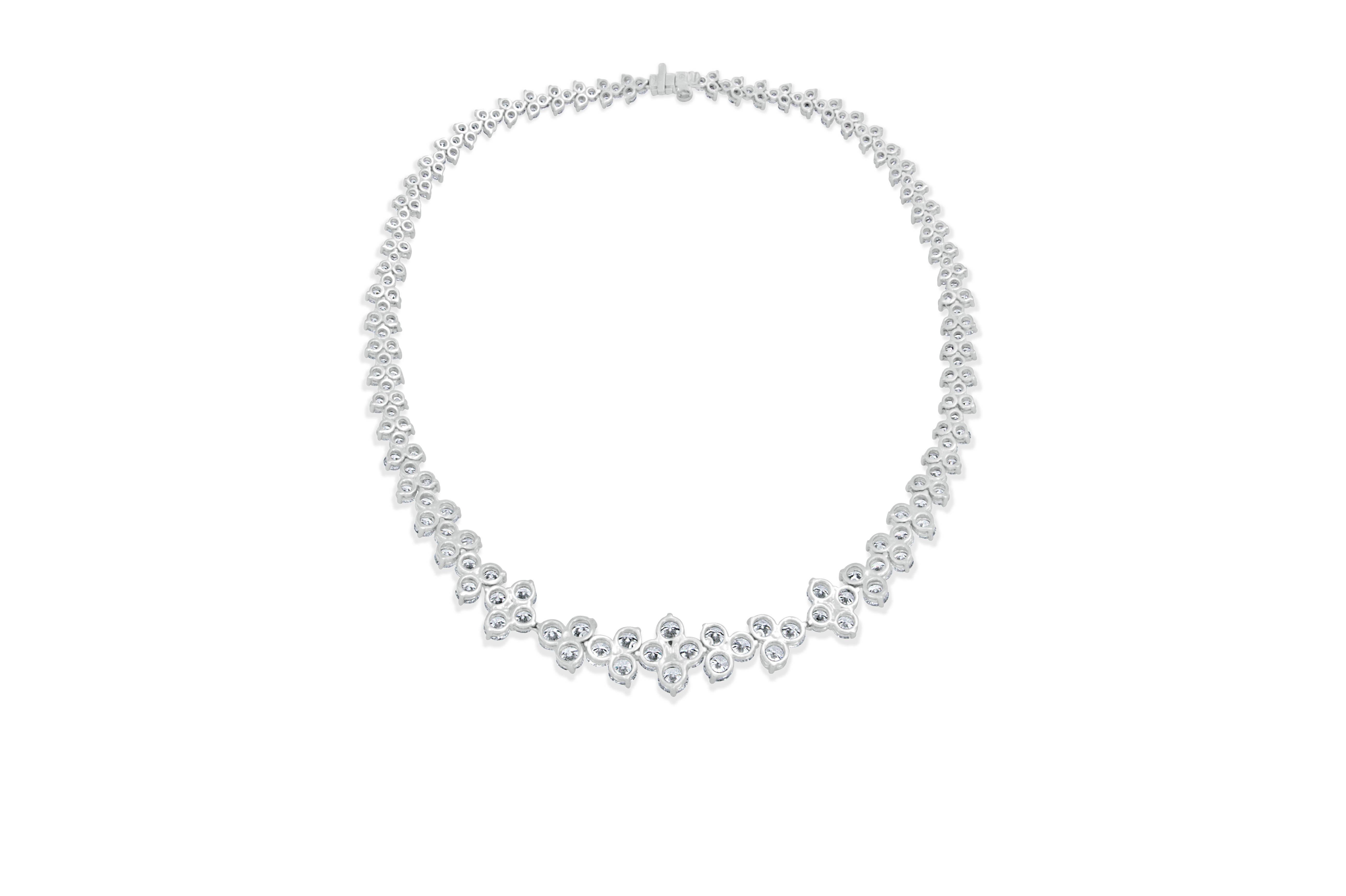 This exquisite handmade platinum diamond necklace features 183- round brilliant cut diamonds weighing approximately 35.30cts total, SI1 clarity, D color, and very fine makes. This magnificent necklace measures 15.5 inches in length allowing itself