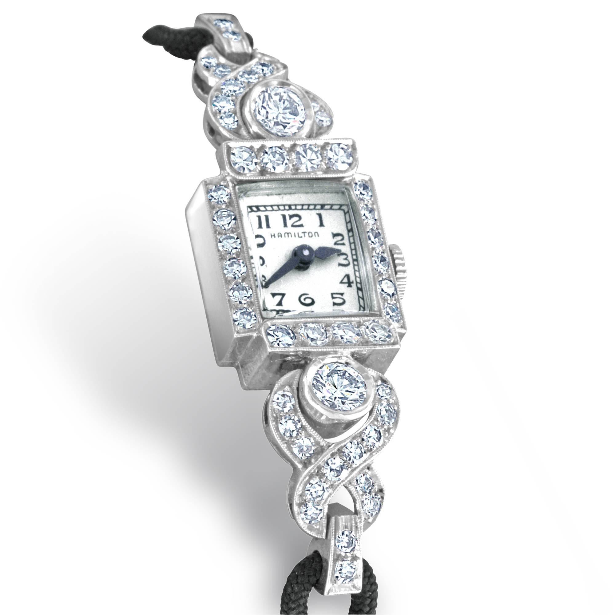 Retro Hamilton ladies Platinum Diamond automatic Wristwatch For Sale