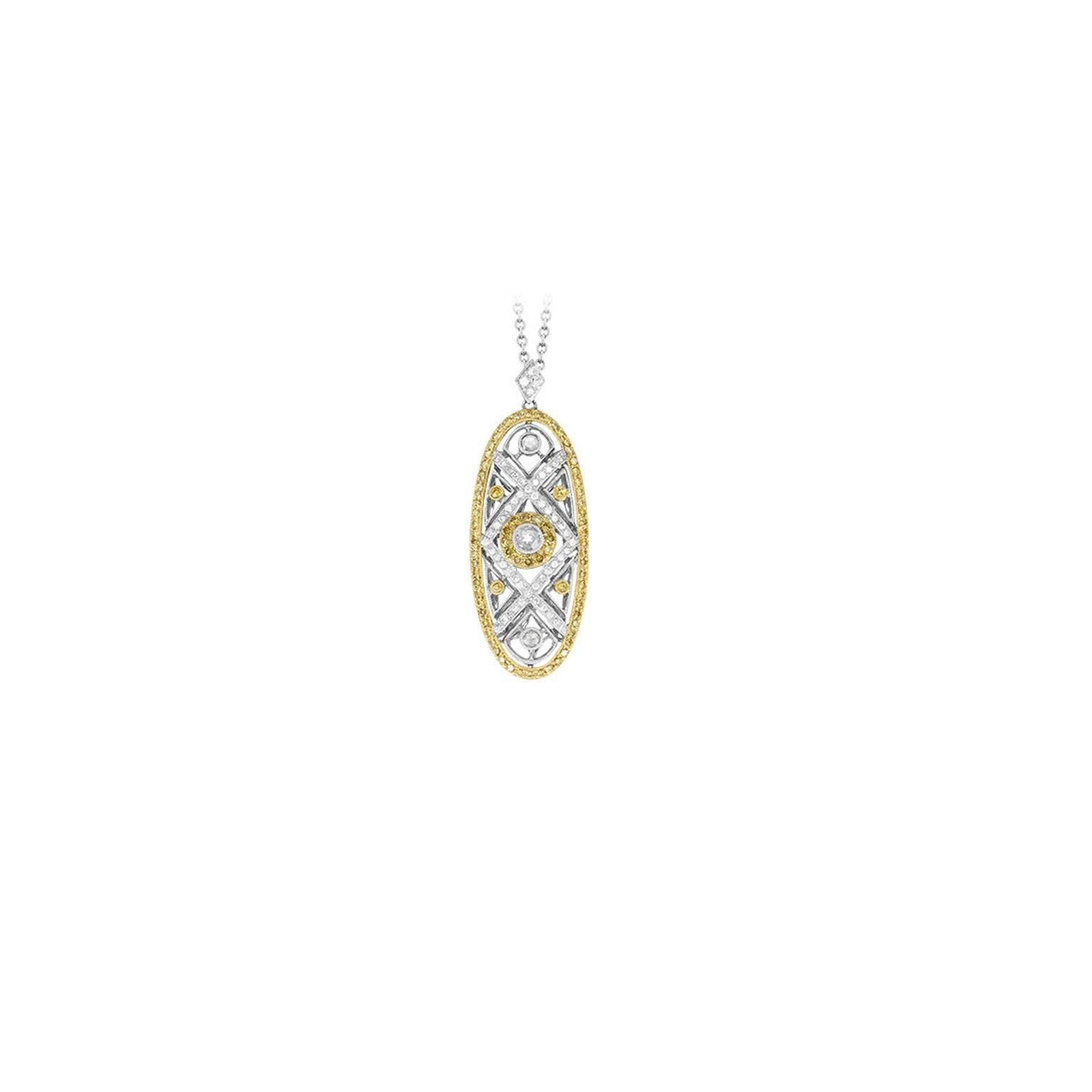 This captivating diamond and natural fancy yellow diamond 18k two-tone necklace features 103-round brilliant cut diamonds weighing approximately 2.32 carats total, having VS clarity and G color. Also set with 86-round brilliant cut natural fancy