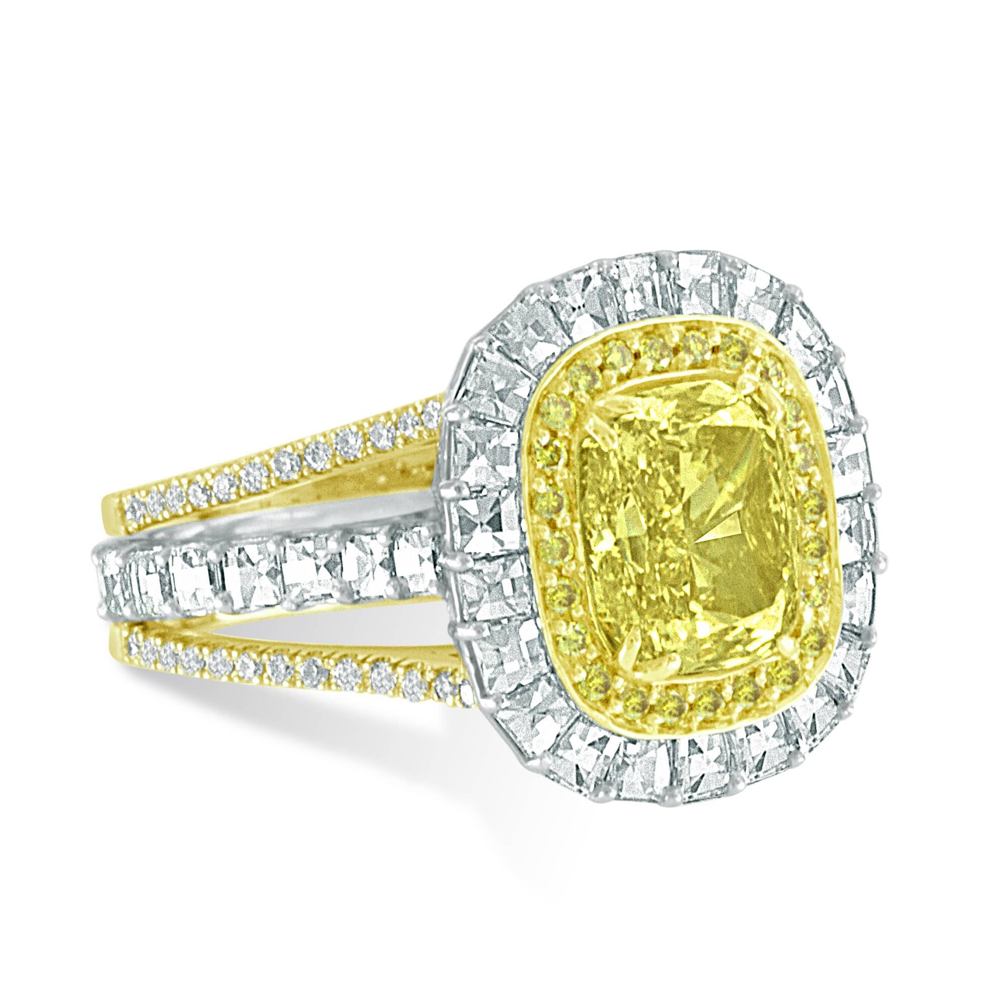 GIA Certified 2.40 Carat Cushion Cut  Fancy Yellow Diamond Gold & Platinum Ring In Excellent Condition In Grosse Pointe Woods, MI