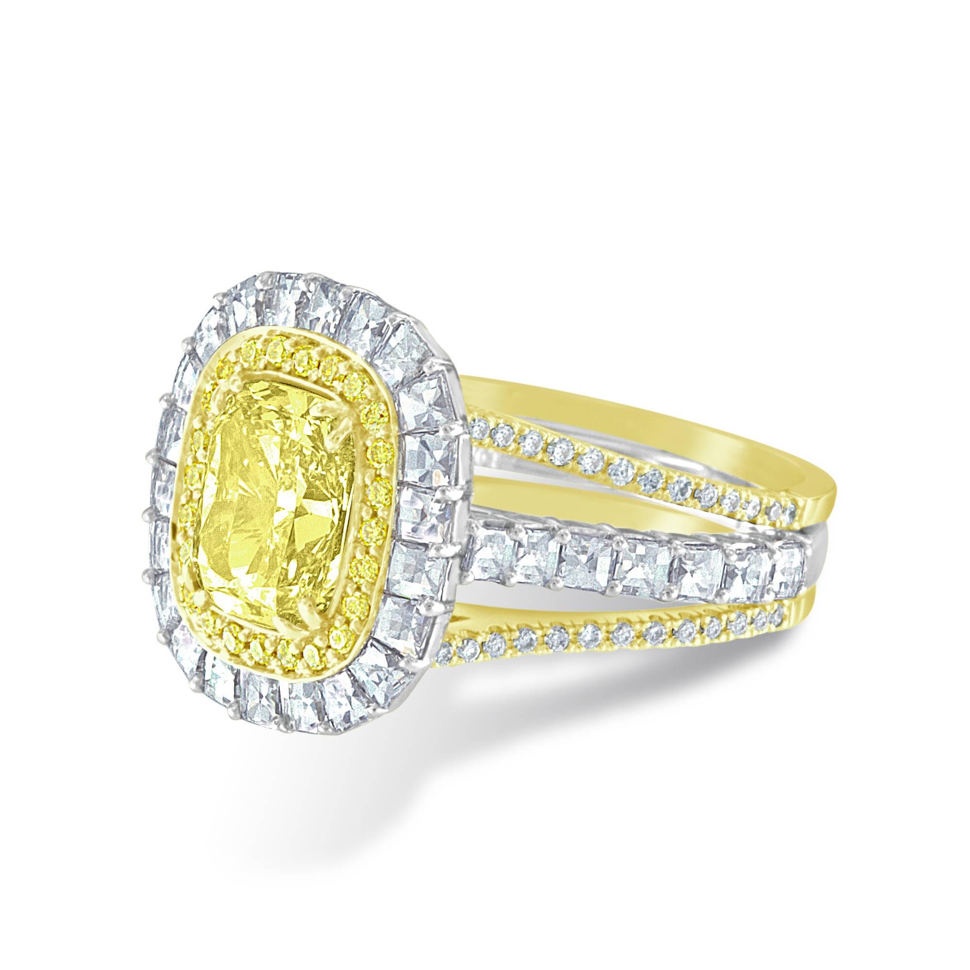 Women's GIA Certified 2.40 Carat Cushion Cut  Fancy Yellow Diamond Gold & Platinum Ring