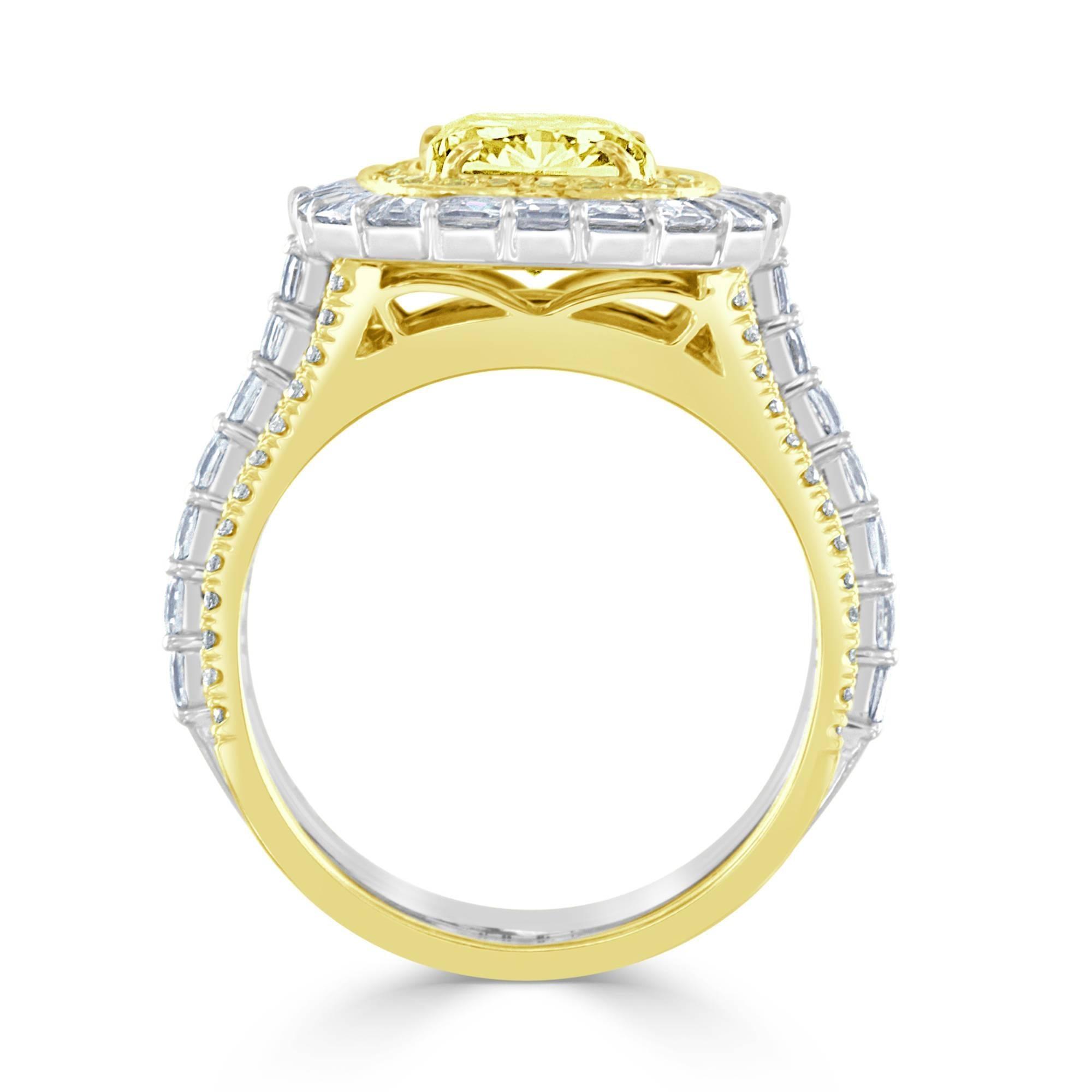 GIA Certified 2.40 Carat Cushion Cut  Fancy Yellow Diamond Gold & Platinum Ring 1