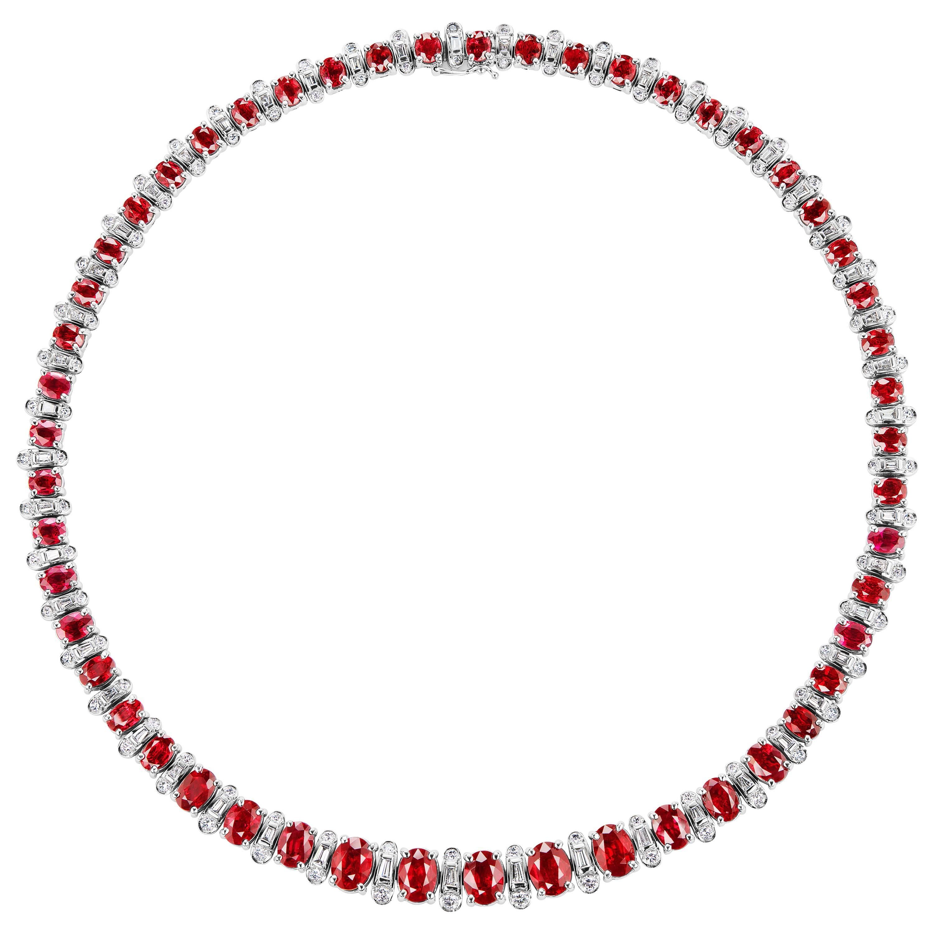 33.26 Carat Natural Burmese Ruby and Diamond White Gold Necklace For Sale