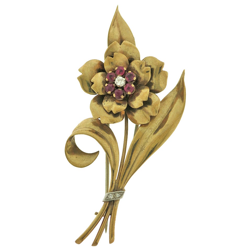 Ruby Diamond Gold Flower Brooch