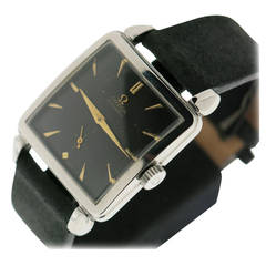 Retro Omega Stainless Steel Square Wristwatch with Black Dial circa 1950