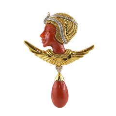 Egyptian Revival Pharaoh Coral Gold Diamond Brooch 11