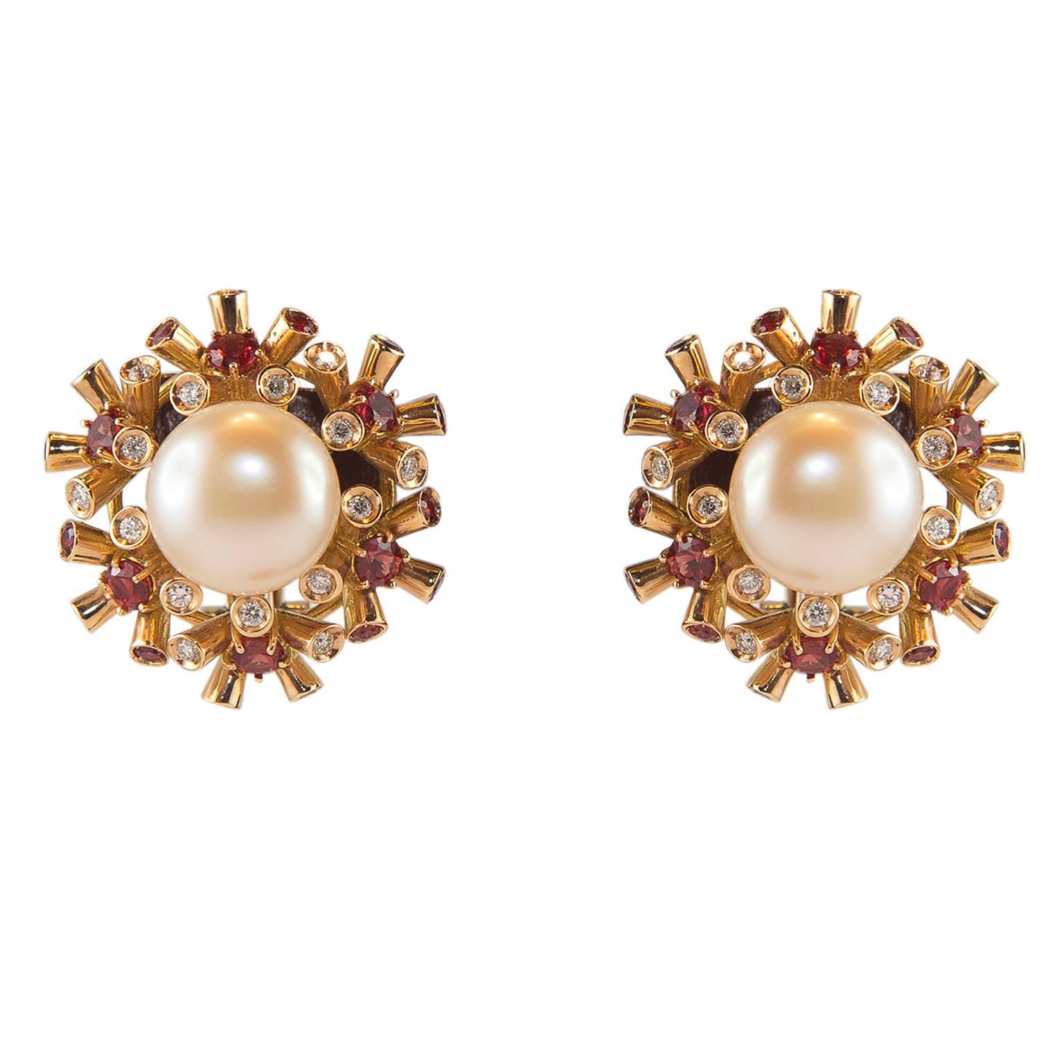 Pearl Diamond Sapphire Gold Earrings For Sale