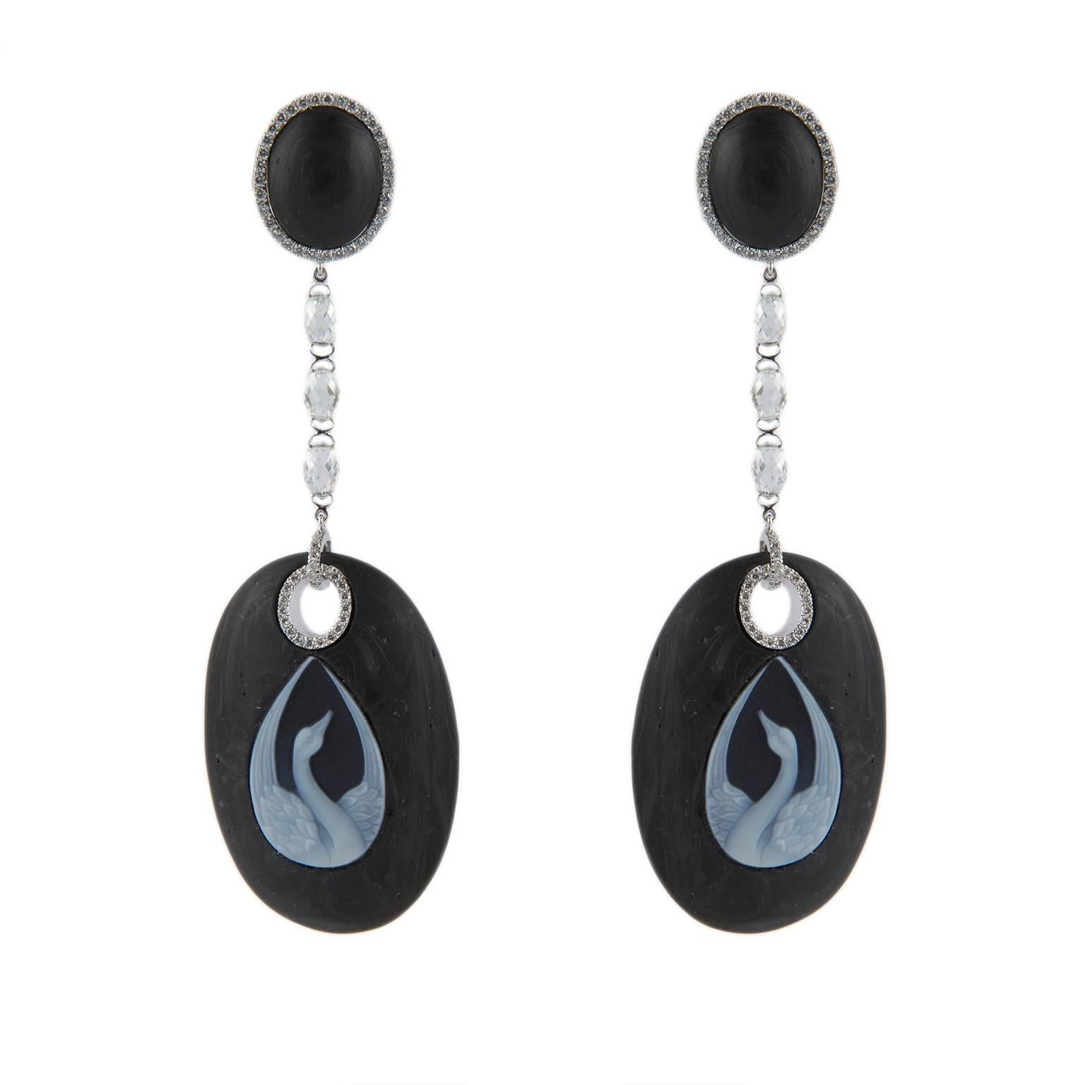 Carbon Drop Earrings with 18 Karat White Gold and Diamonds For Sale