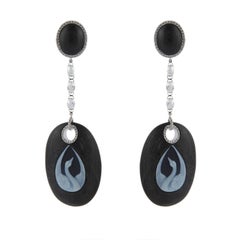 Carbon Drop Earrings with 18 Karat White Gold and Diamonds