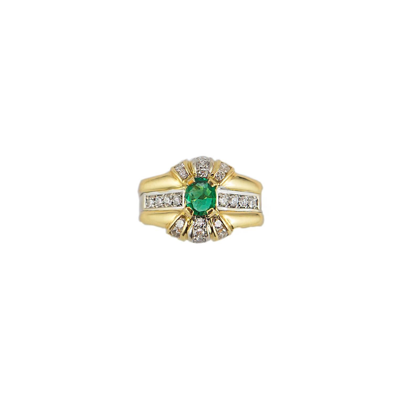 Retro Emerald Diamond Gold Cocktail Ring