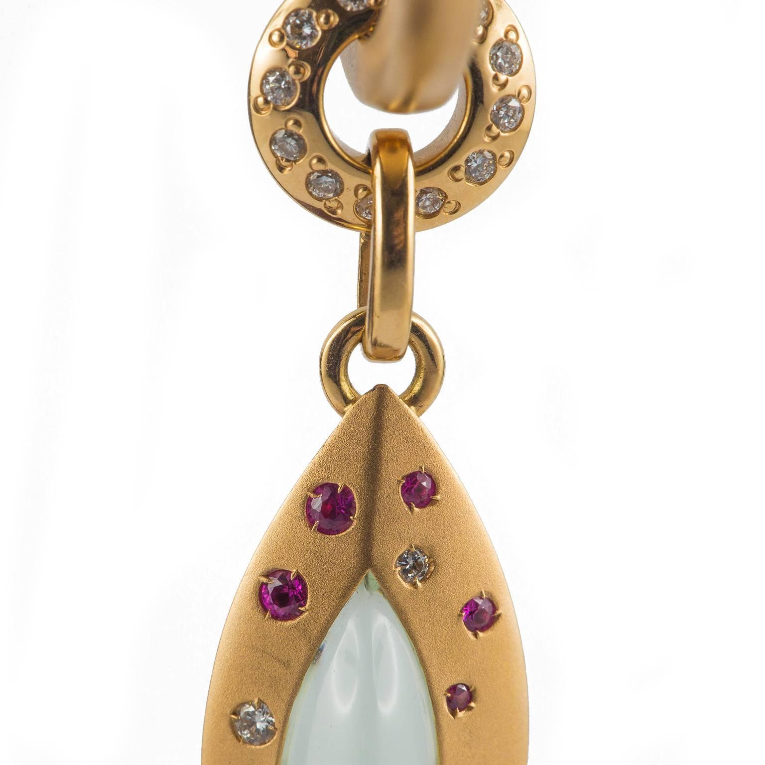 Women's Pink Sapphire Quartz 18 Karat Rose Gold Diamond Hoop Drop Earrings For Sale