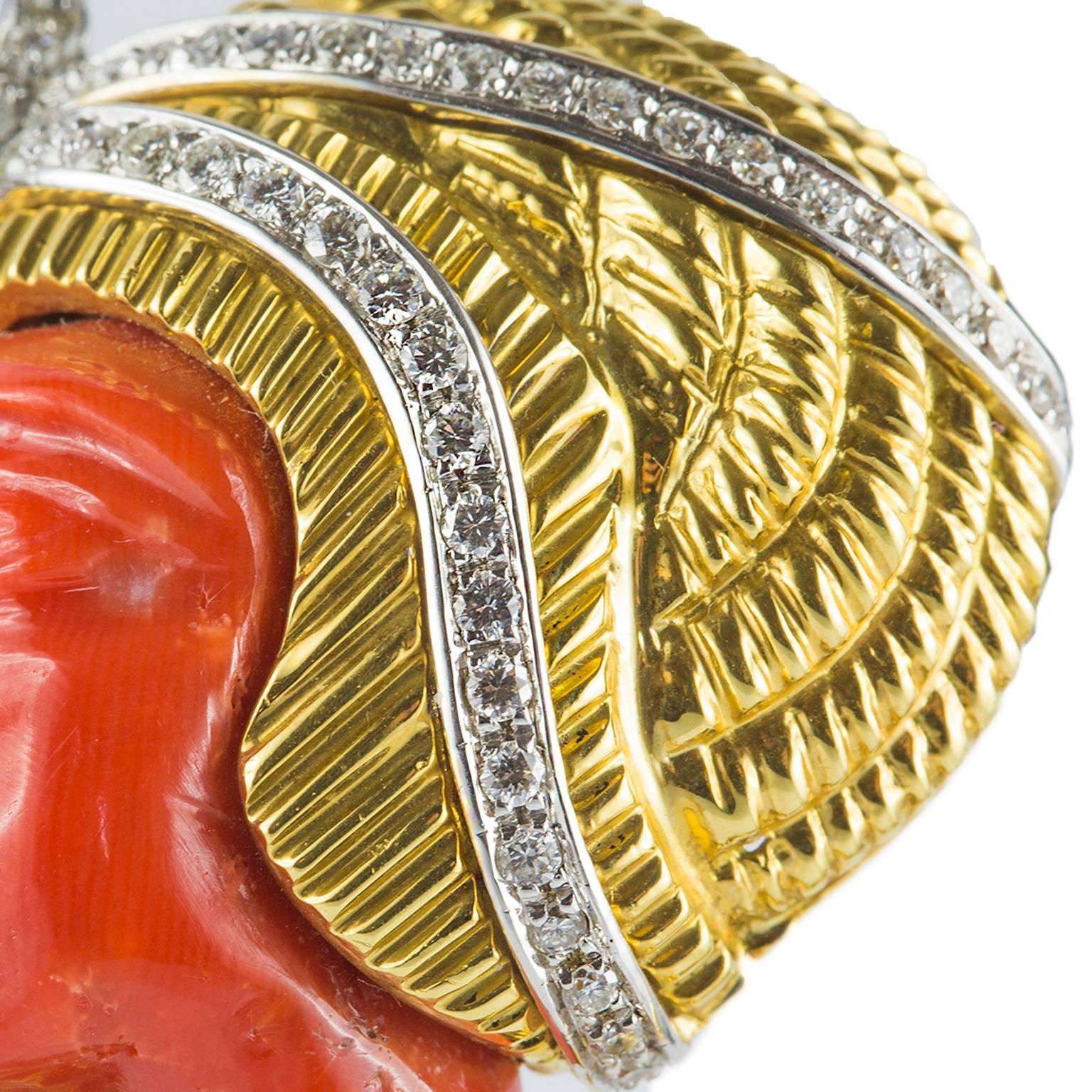 Women's Egyptian Revival Pharaoh Coral Gold Diamond Brooch