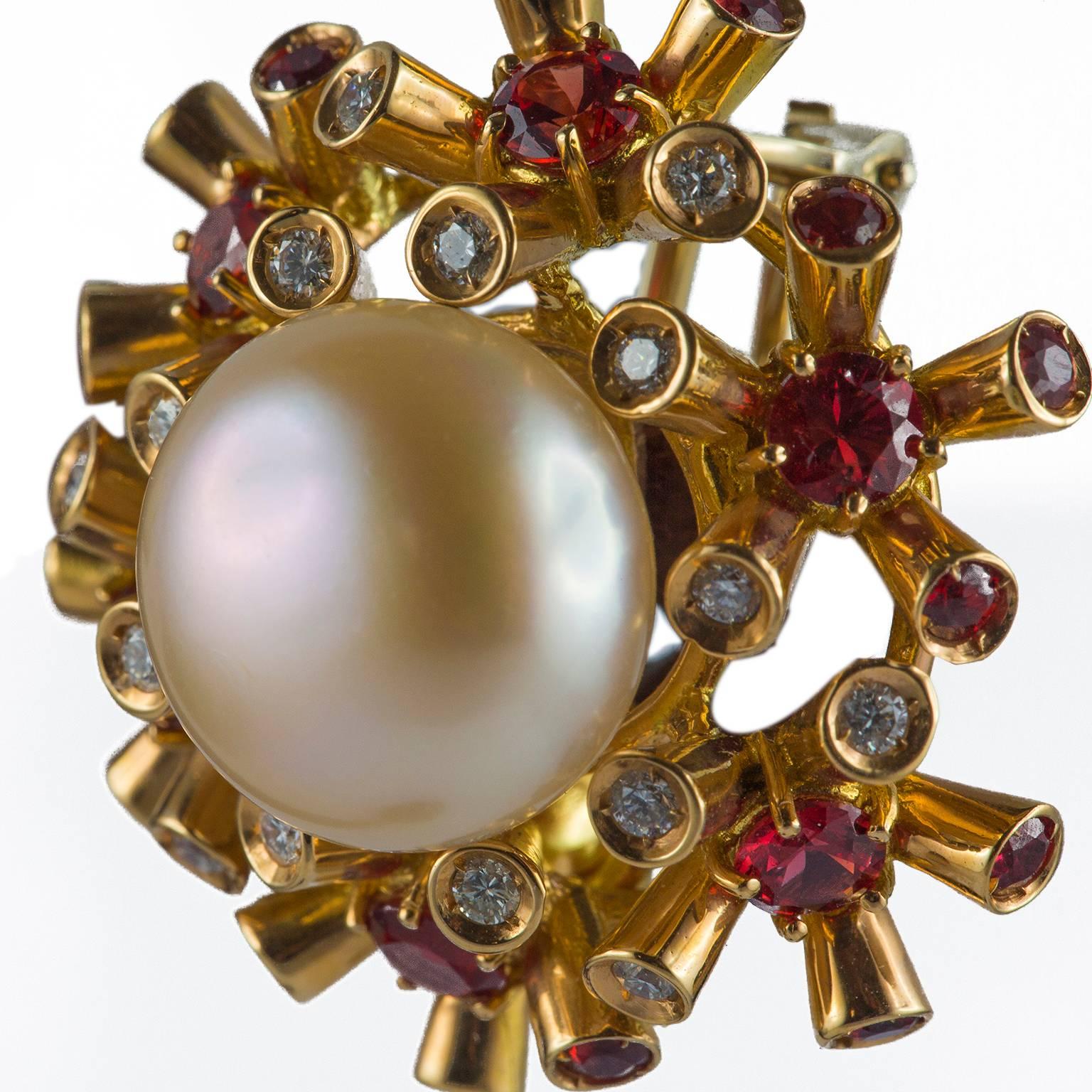 Pearl Diamond Sapphire Gold Earrings In New Condition For Sale In Florence, Tuscany
