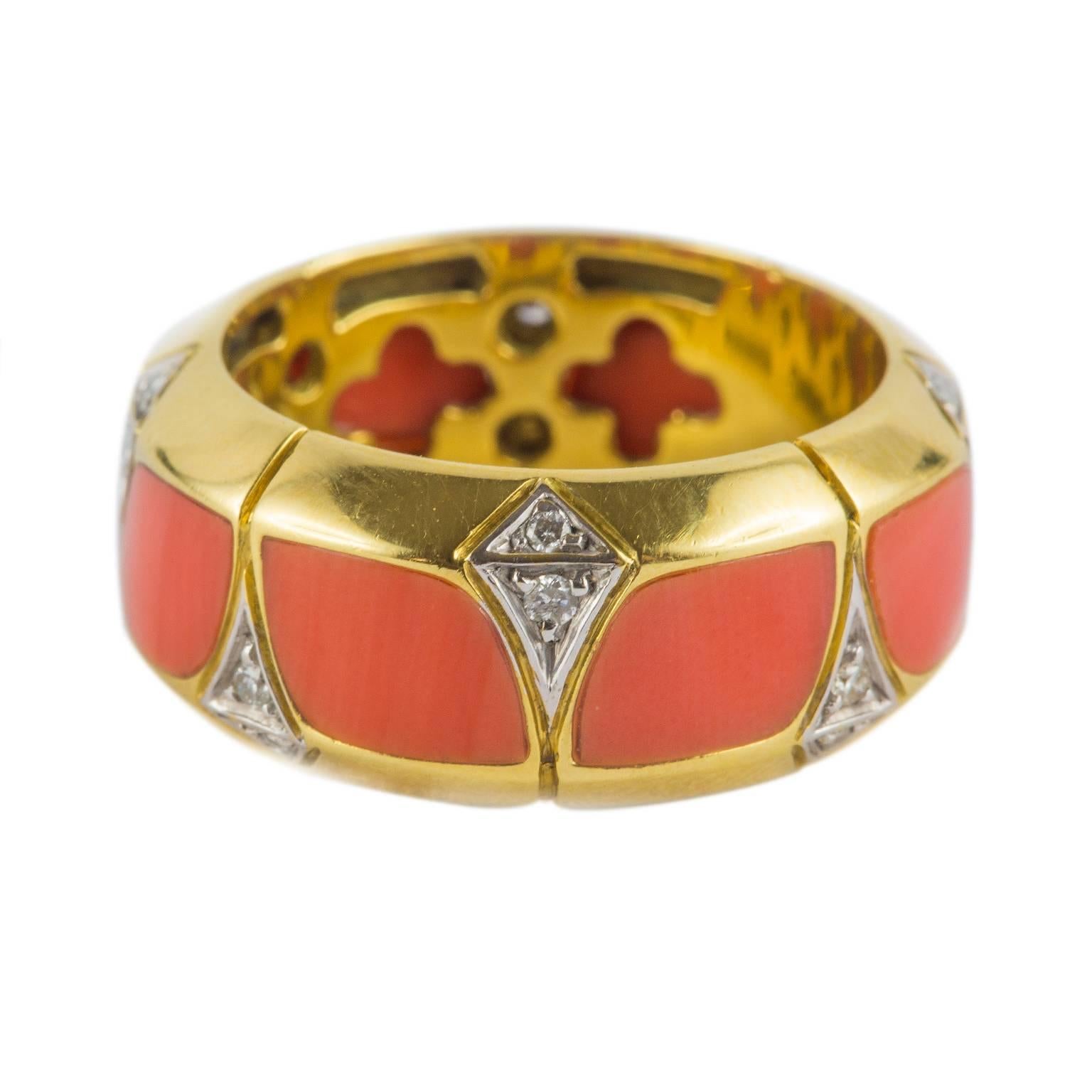 Women's or Men's Coral Diamond Gold Ring