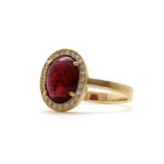 Oval Ruby Cabochon Diamond Halo Ring