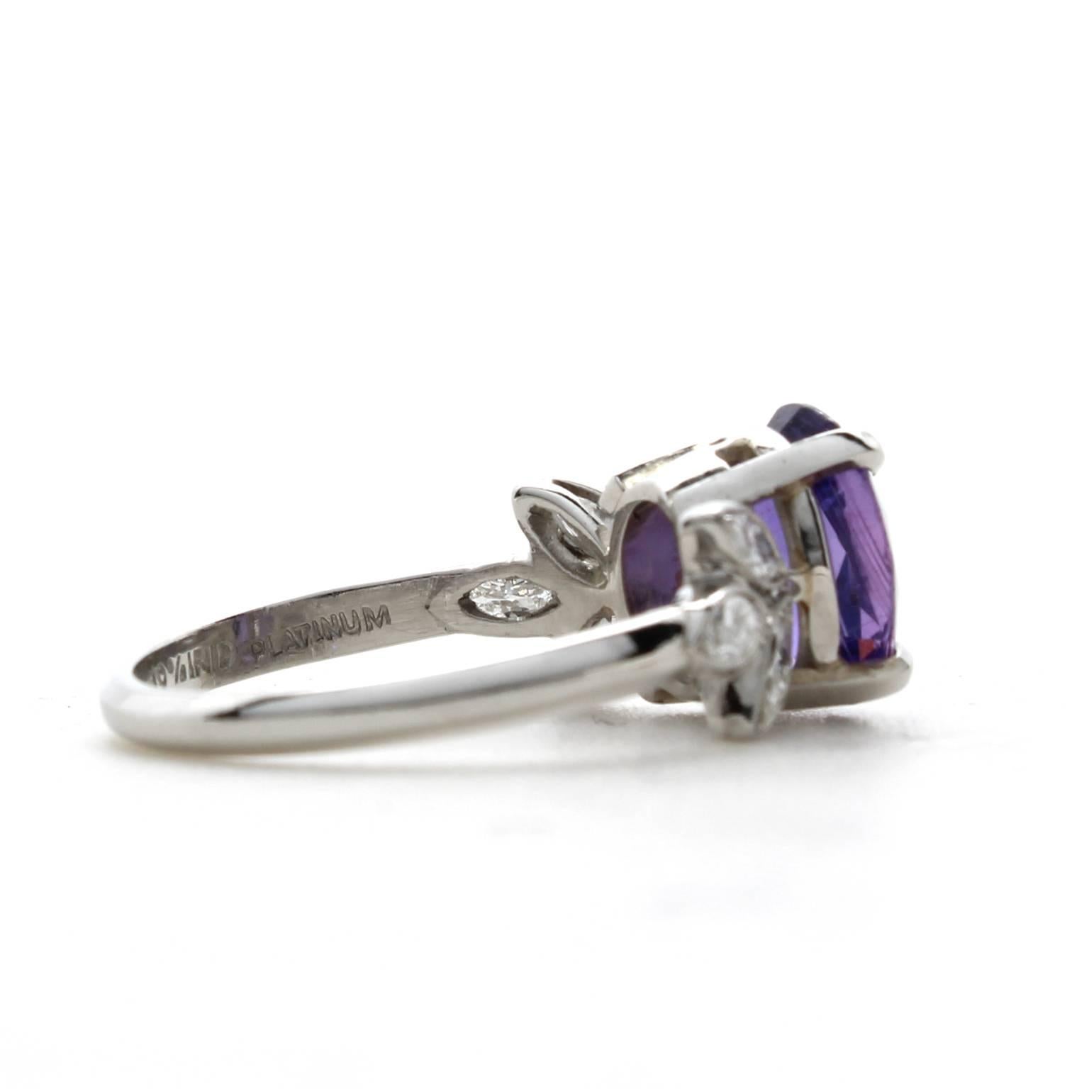 Marquise Cut 2.17 Carat Oval Purple Sapphire Marquise Diamond Platinum Ring