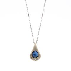 Blue Sapphire Cabochon Pave Diamond White Gold Pendant