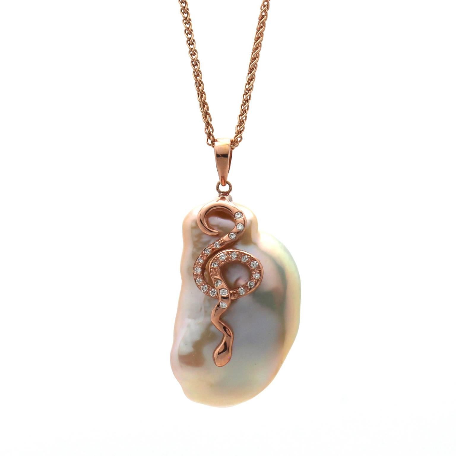 Pearl Diamond Rose Gold Snake and Pendant For Sale